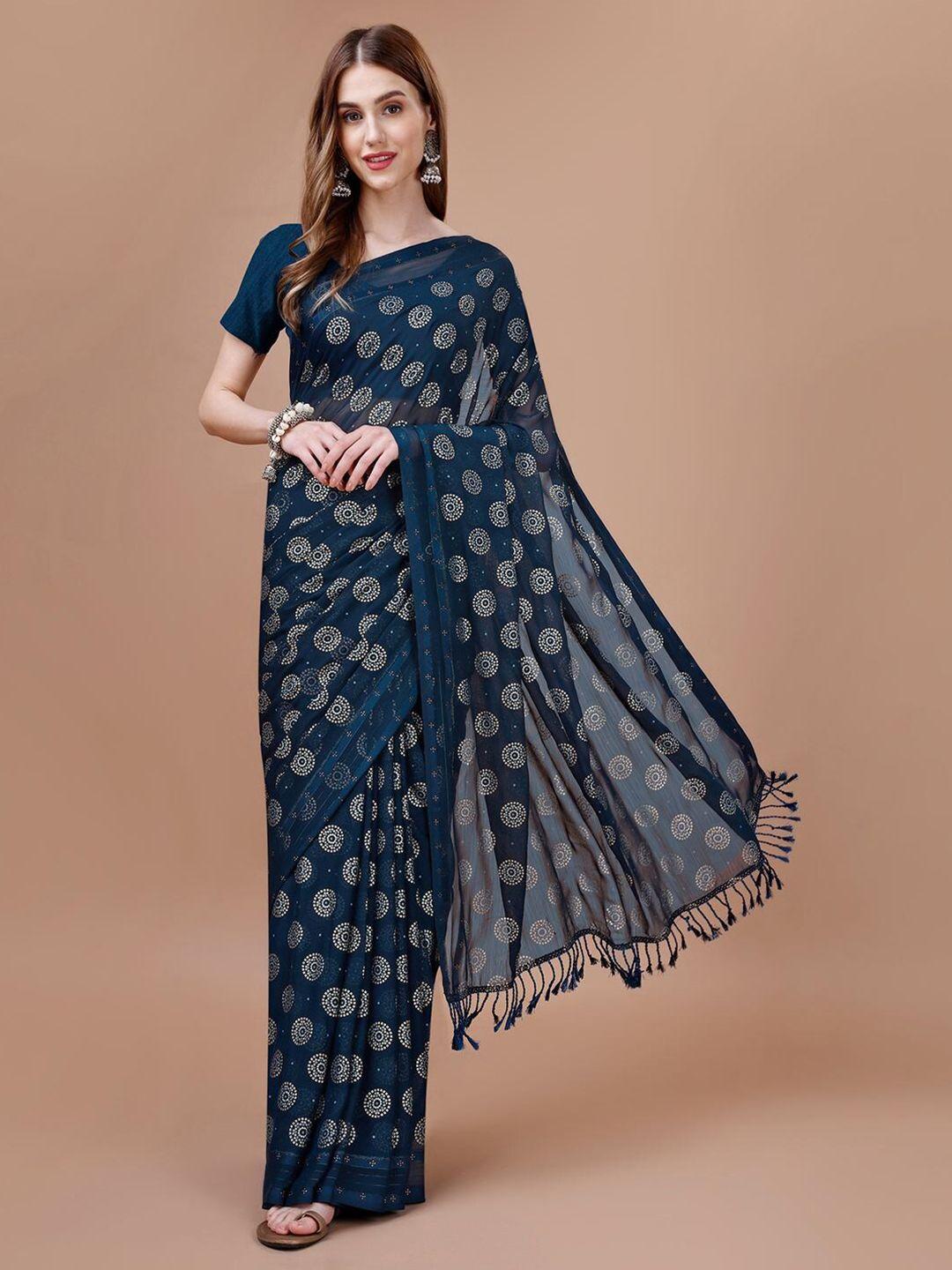 mitera blue bandhani printed silk cotton saree