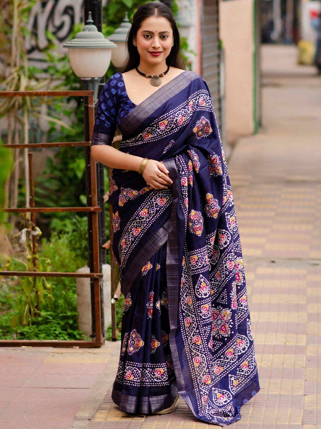 mitera blue bandhani printed zari silk blend saree