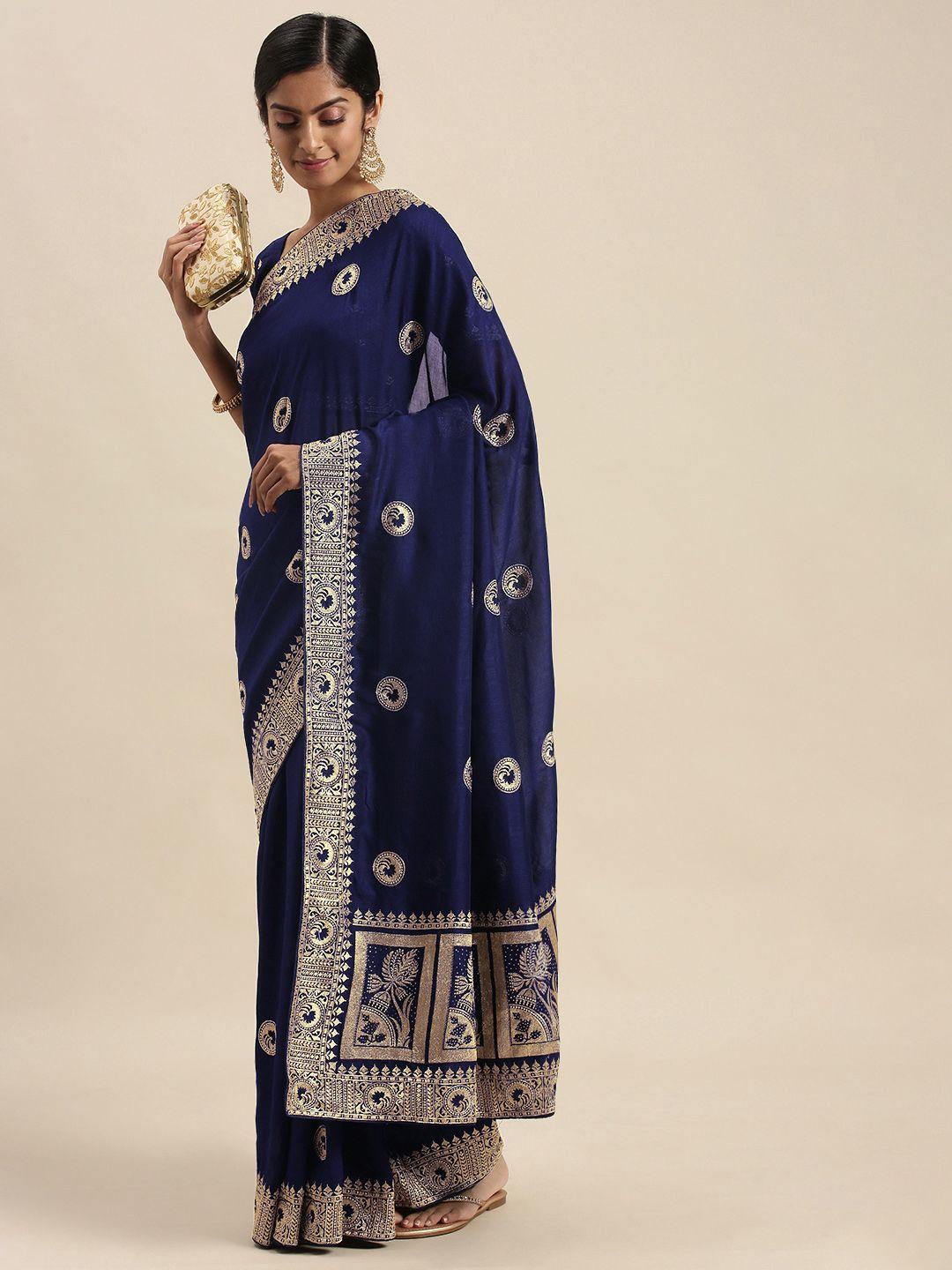 mitera blue ethnic motifs beads and stones silk blend saree