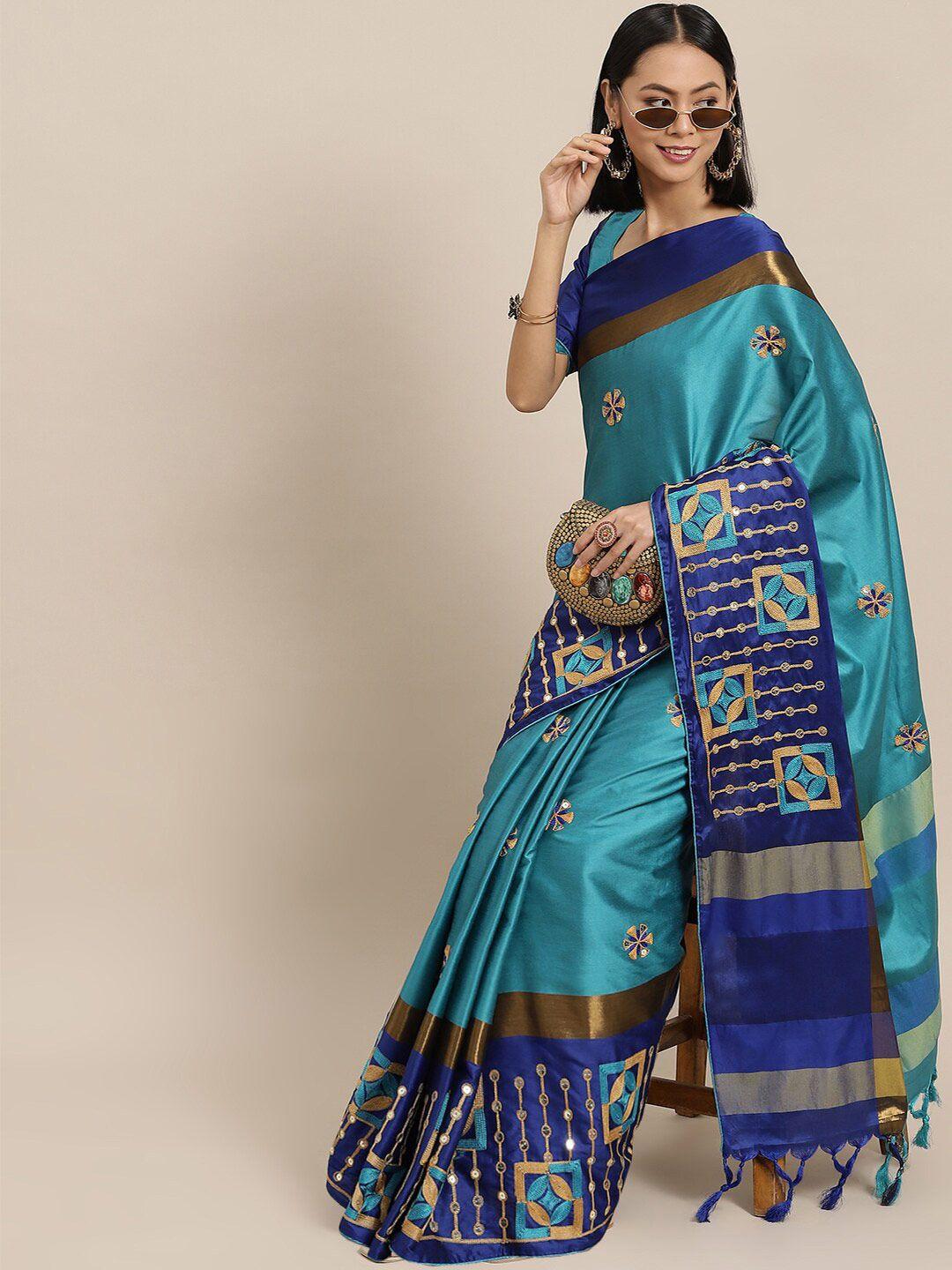 mitera blue ethnic motifs embroidered silk cotton saree