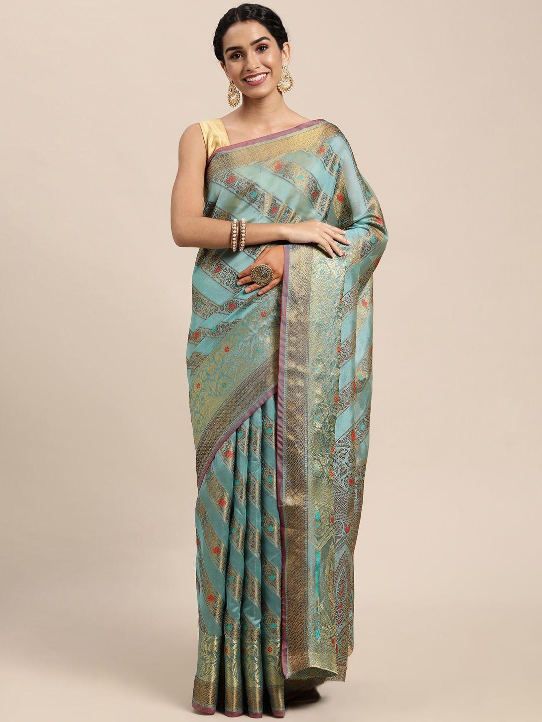 mitera blue ethnic motifs zari organza kanjeevaram saree