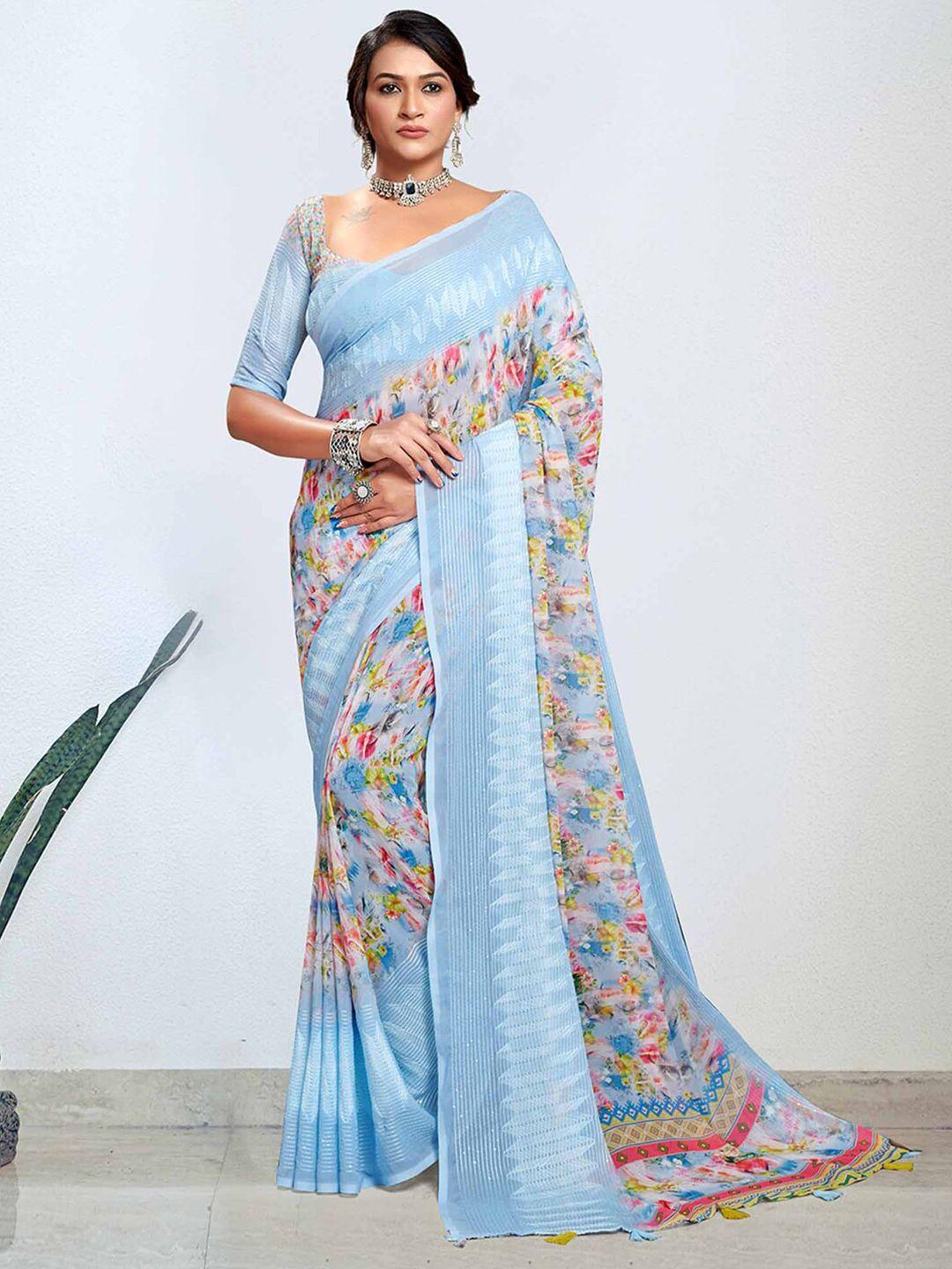 mitera blue floral embroidered pure georgette designer bagh saree