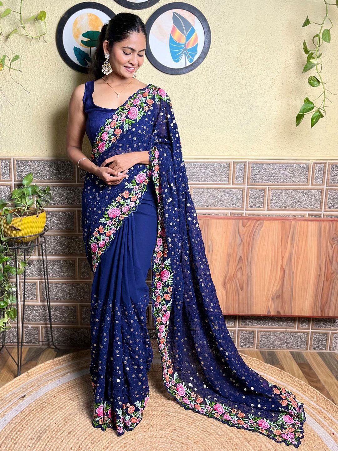 mitera blue floral embroidered sequinned detailed pure georgette saree