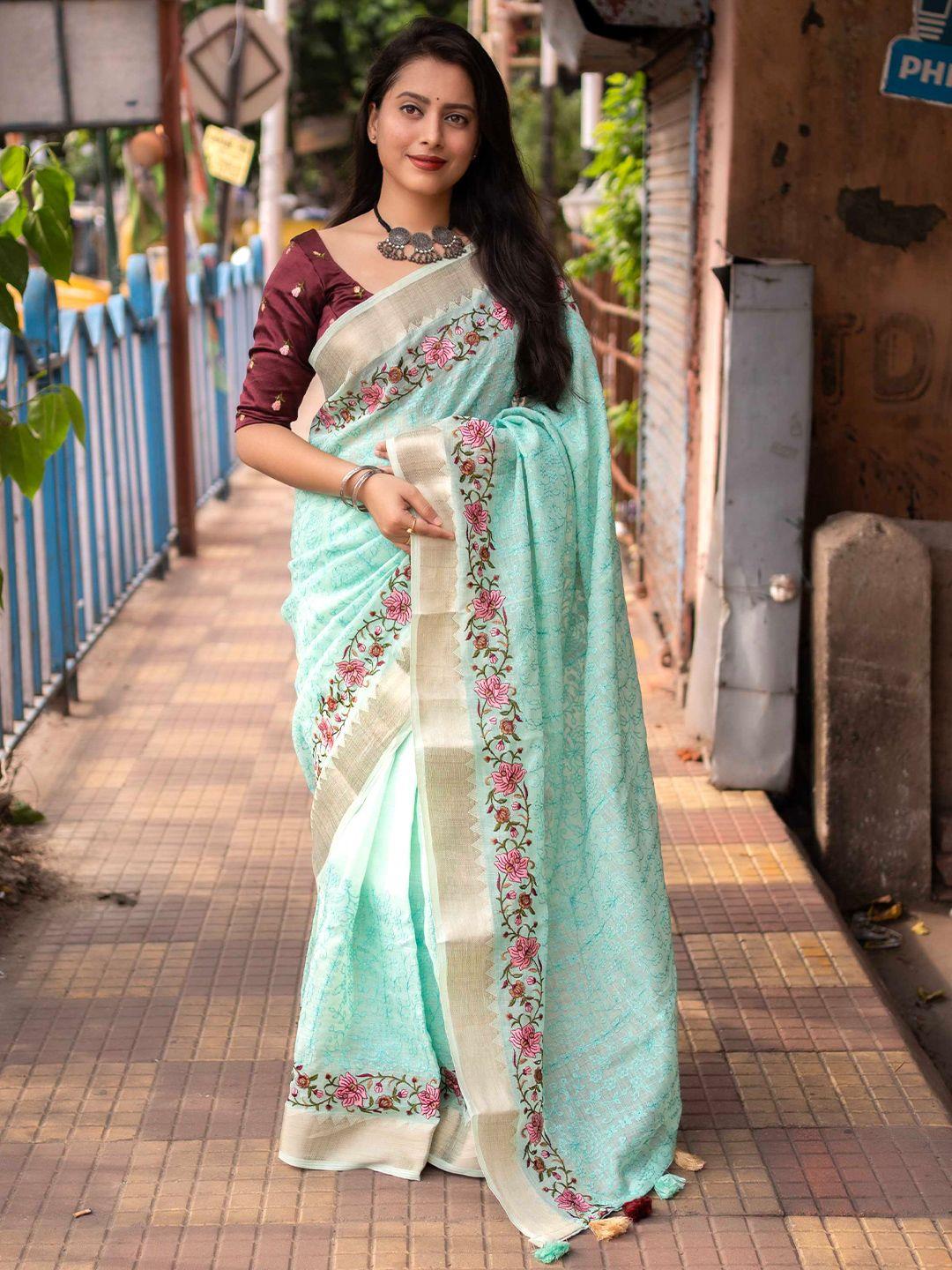 mitera blue floral embroidered zari linen saree