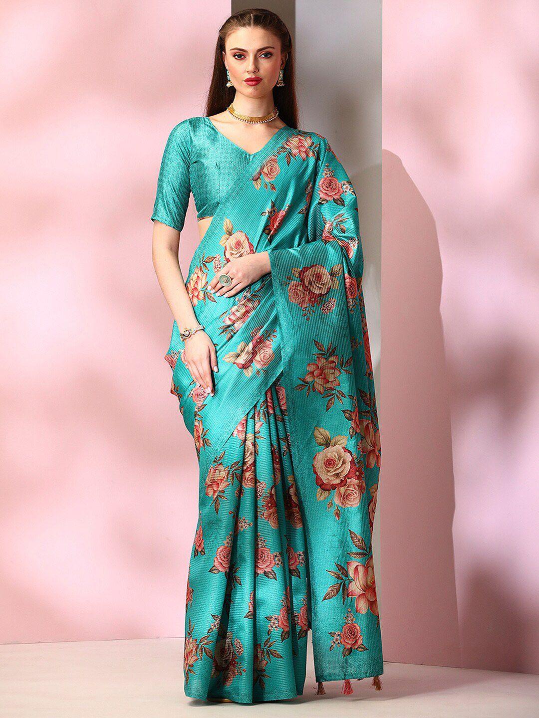 mitera blue floral printed saree