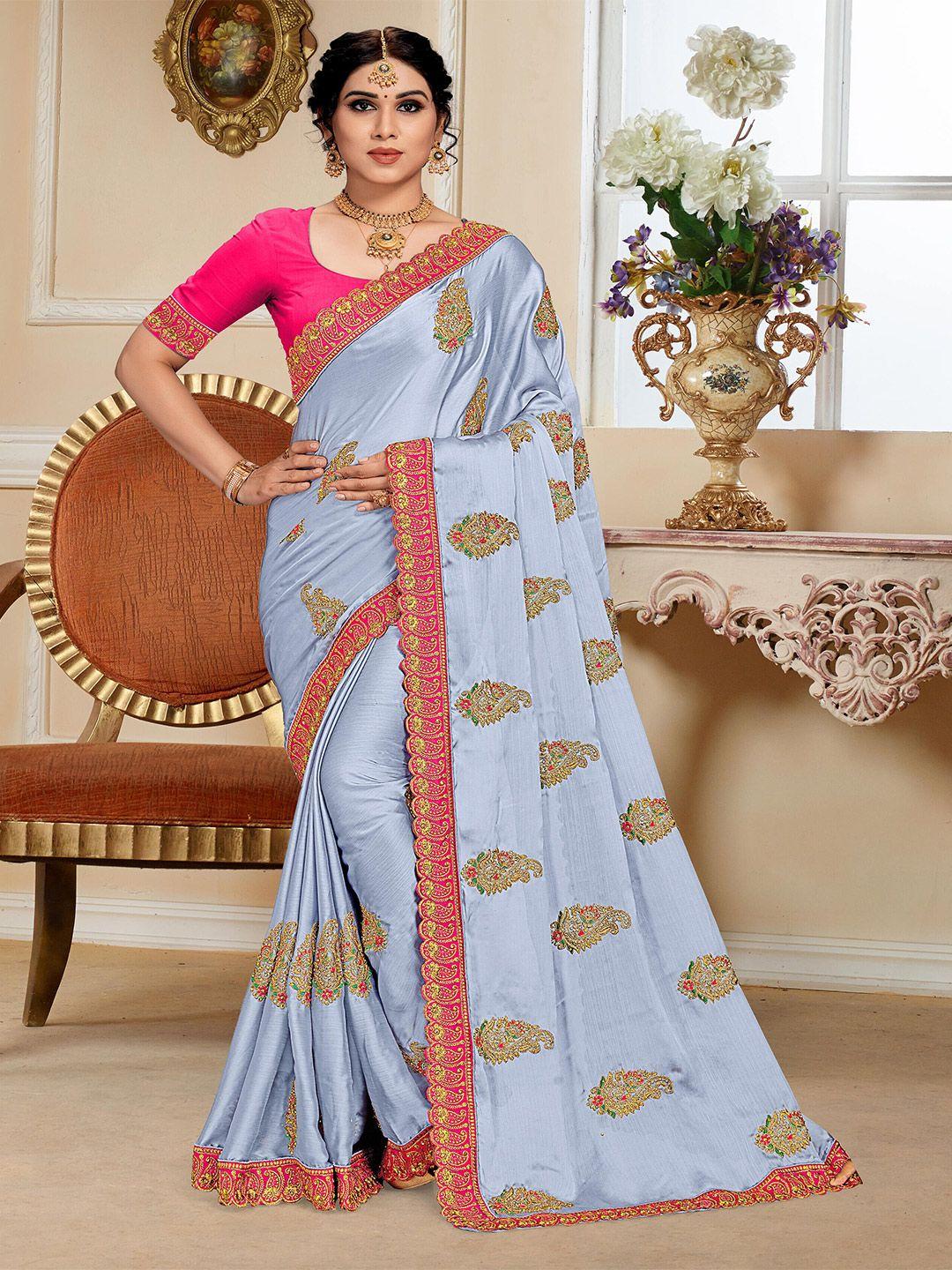 mitera blue paisley embroidered saree