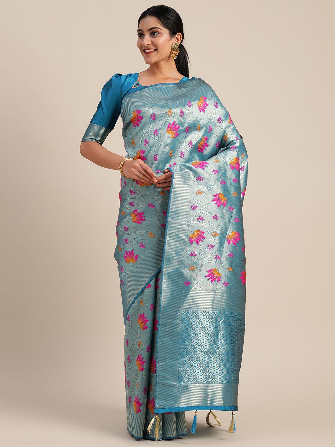 mitera blue silk blend woven design kanjeevaram saree