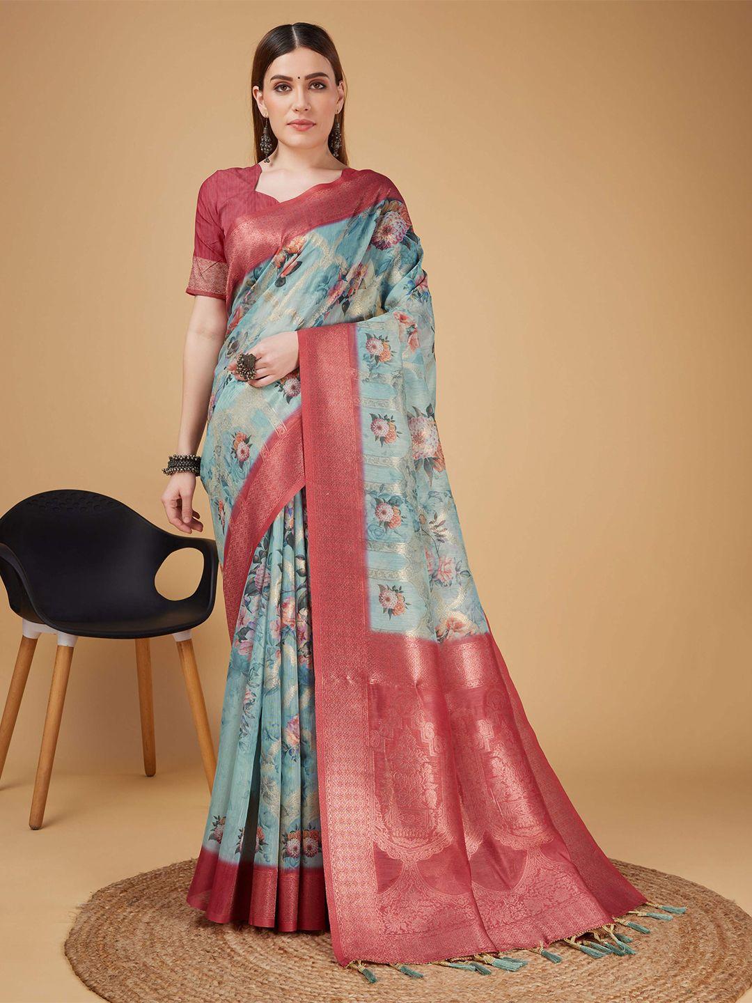 mitera blue silk cotton designer banarasi saree