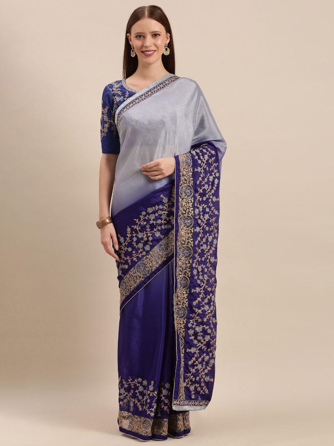 mitera blue solid ombre embroidered silk blend saree