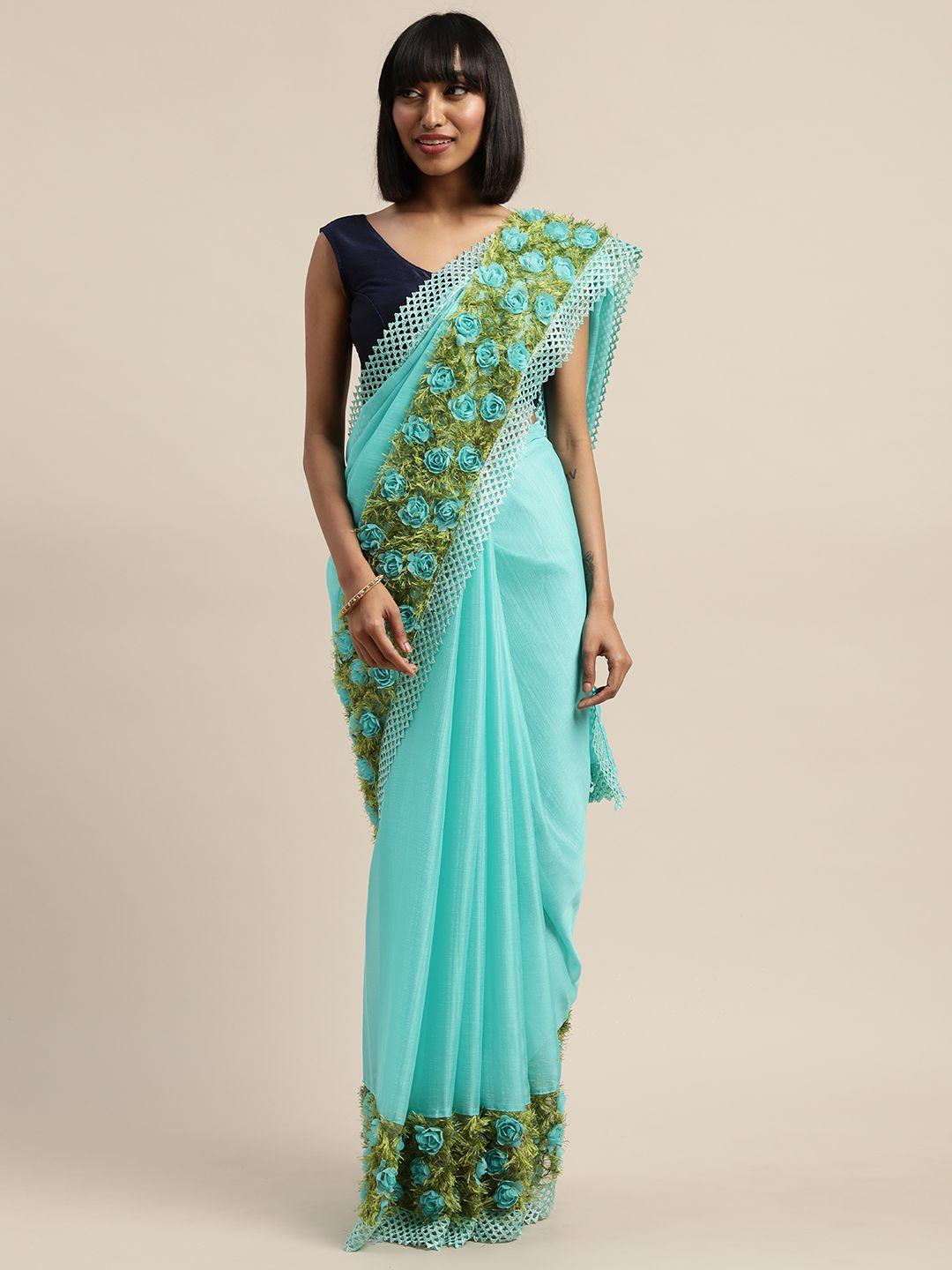 mitera blue solid pure chiffon grass flower work saree