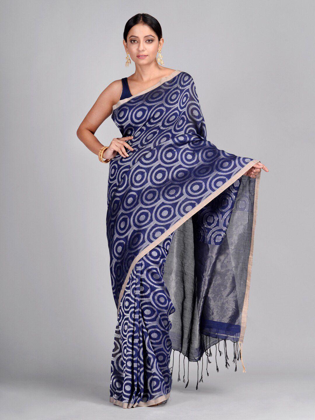 mitera blue woven design zari pure linen saree