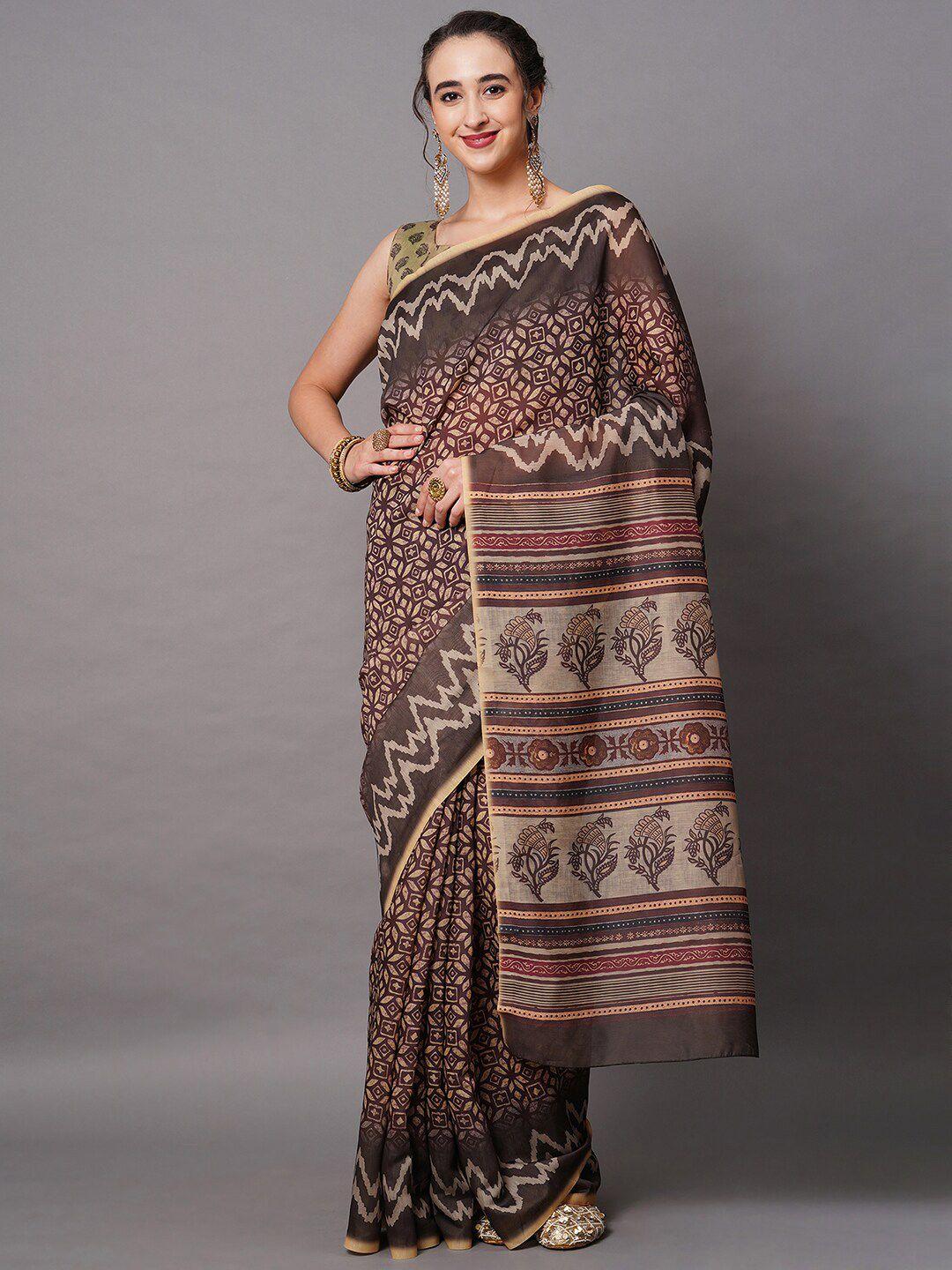 mitera brown & beige art silk blend ethnic motifs printed saree