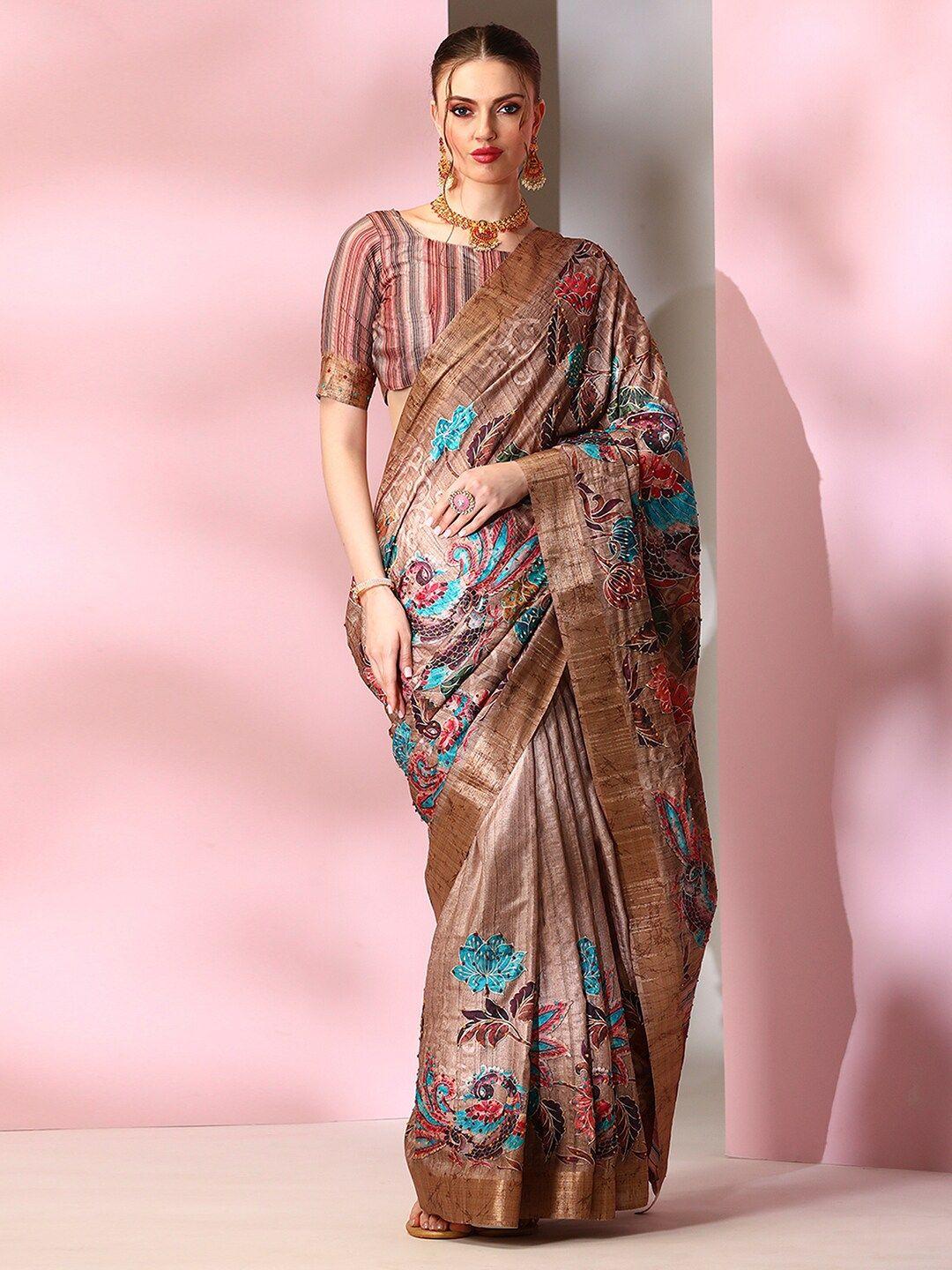 mitera brown & blue ethnic motif printed saree