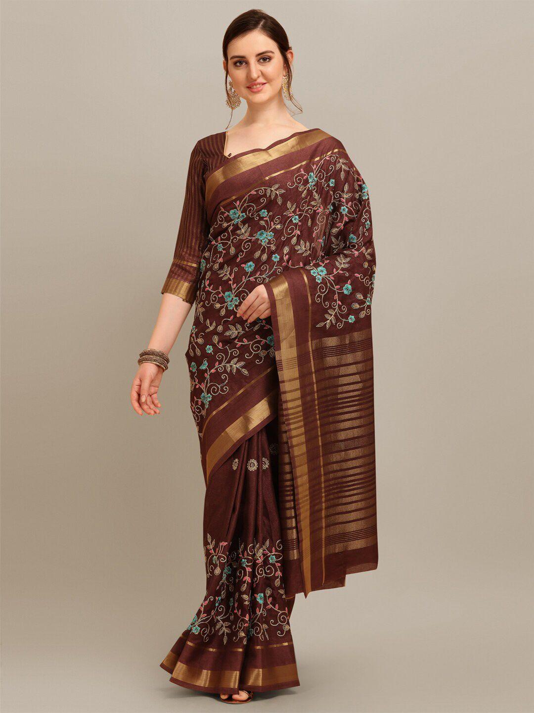 mitera brown & blue floral embroidered zari silk cotton saree