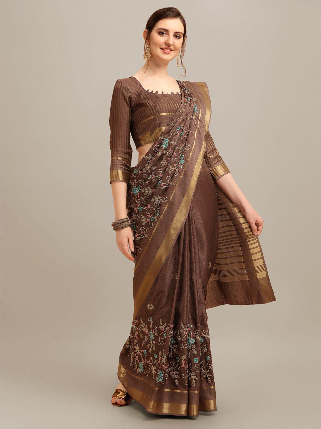 mitera brown & blue floral embroidered zari silk cotton saree