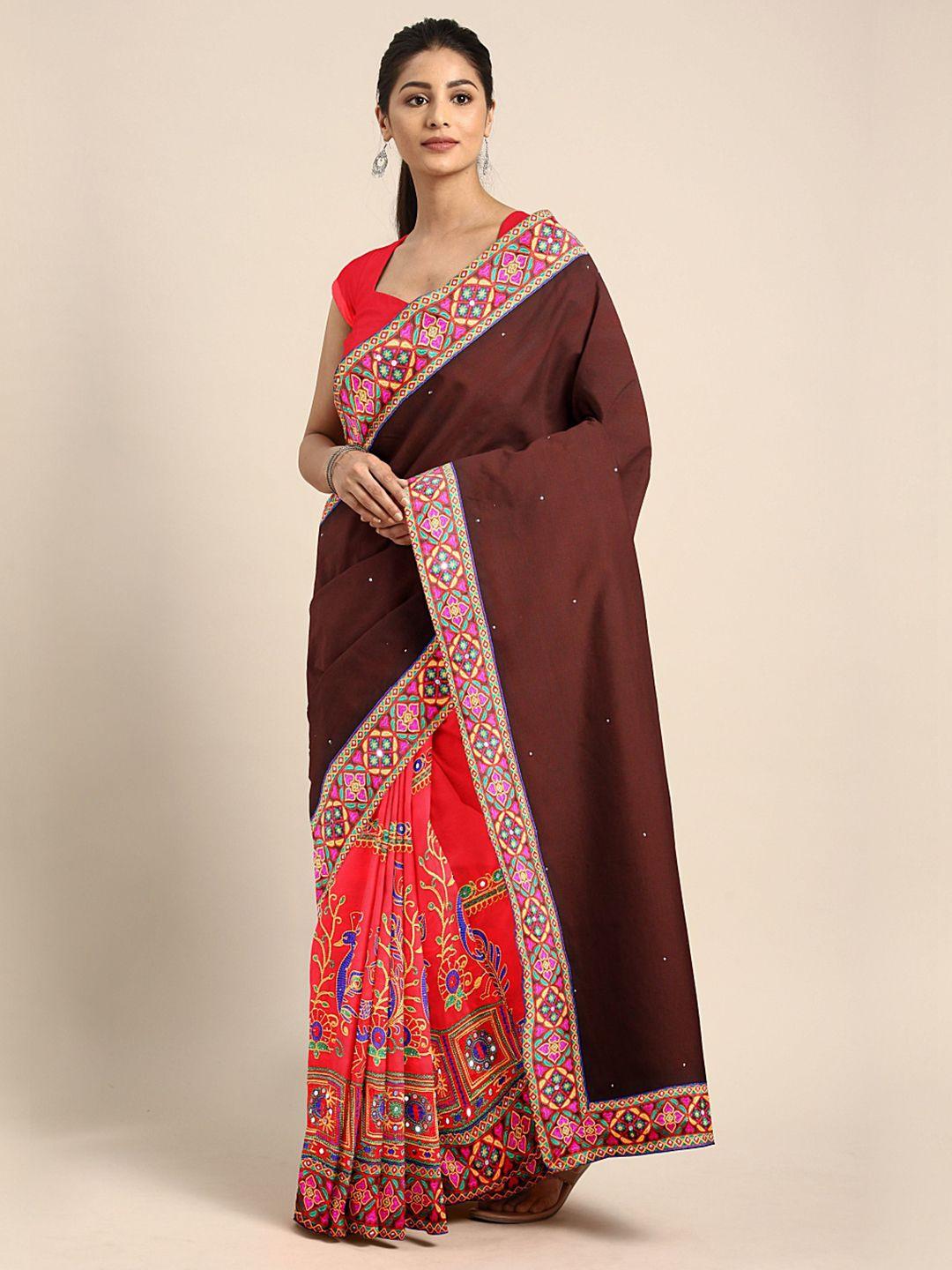 mitera brown & coral red pure georgette embroidered saree