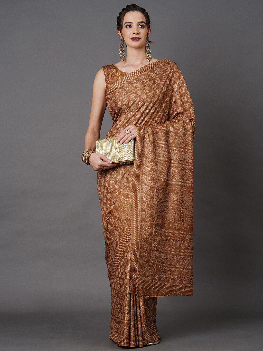 mitera brown & gold-toned floral art silk saree