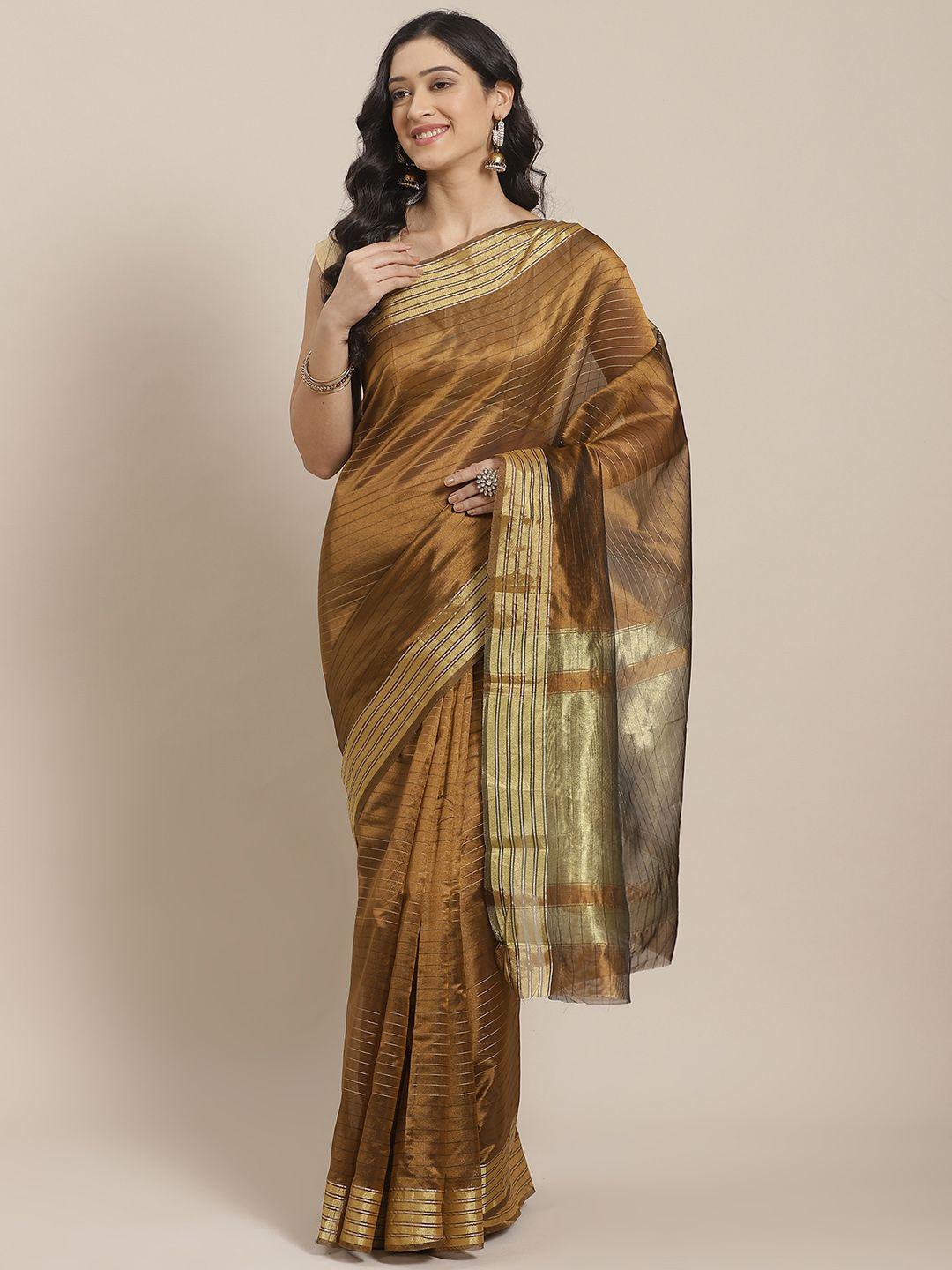 mitera brown & golden self-striped saree