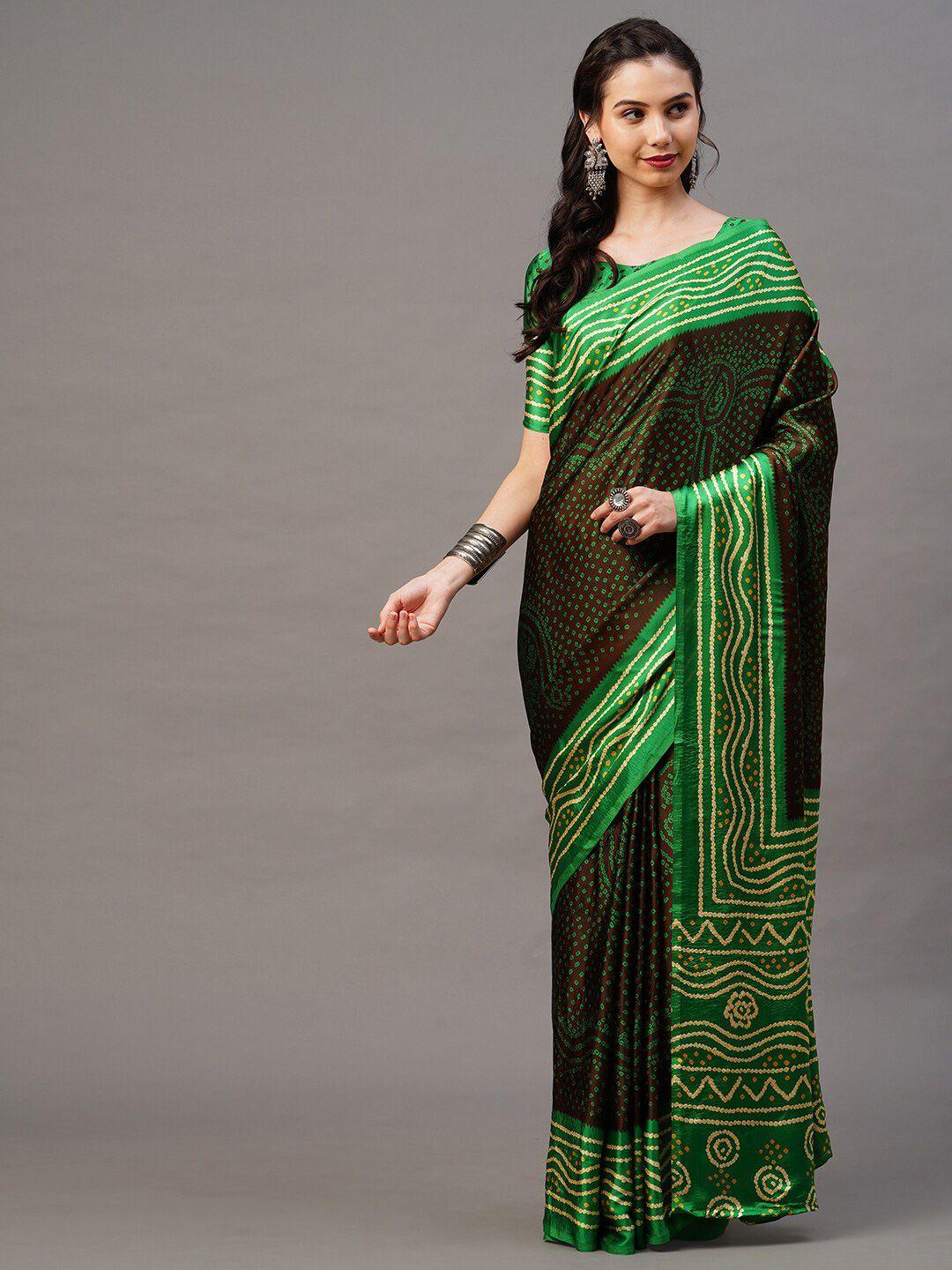 mitera brown & green bandhani printed saree
