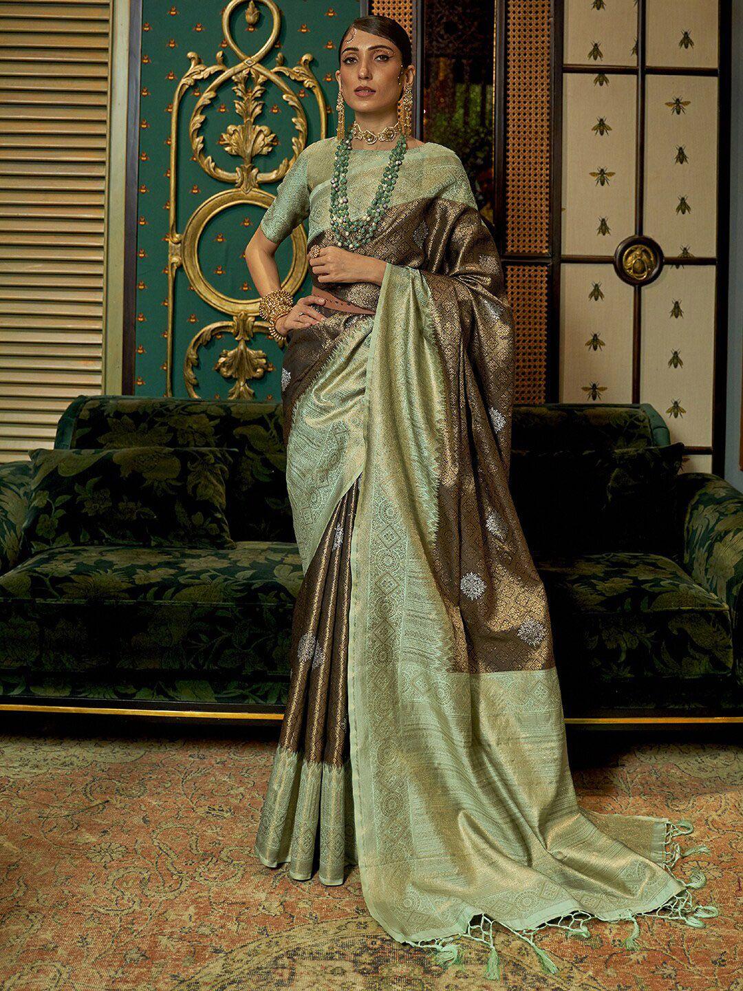 mitera brown & green ethnic motifs zari banarasi saree