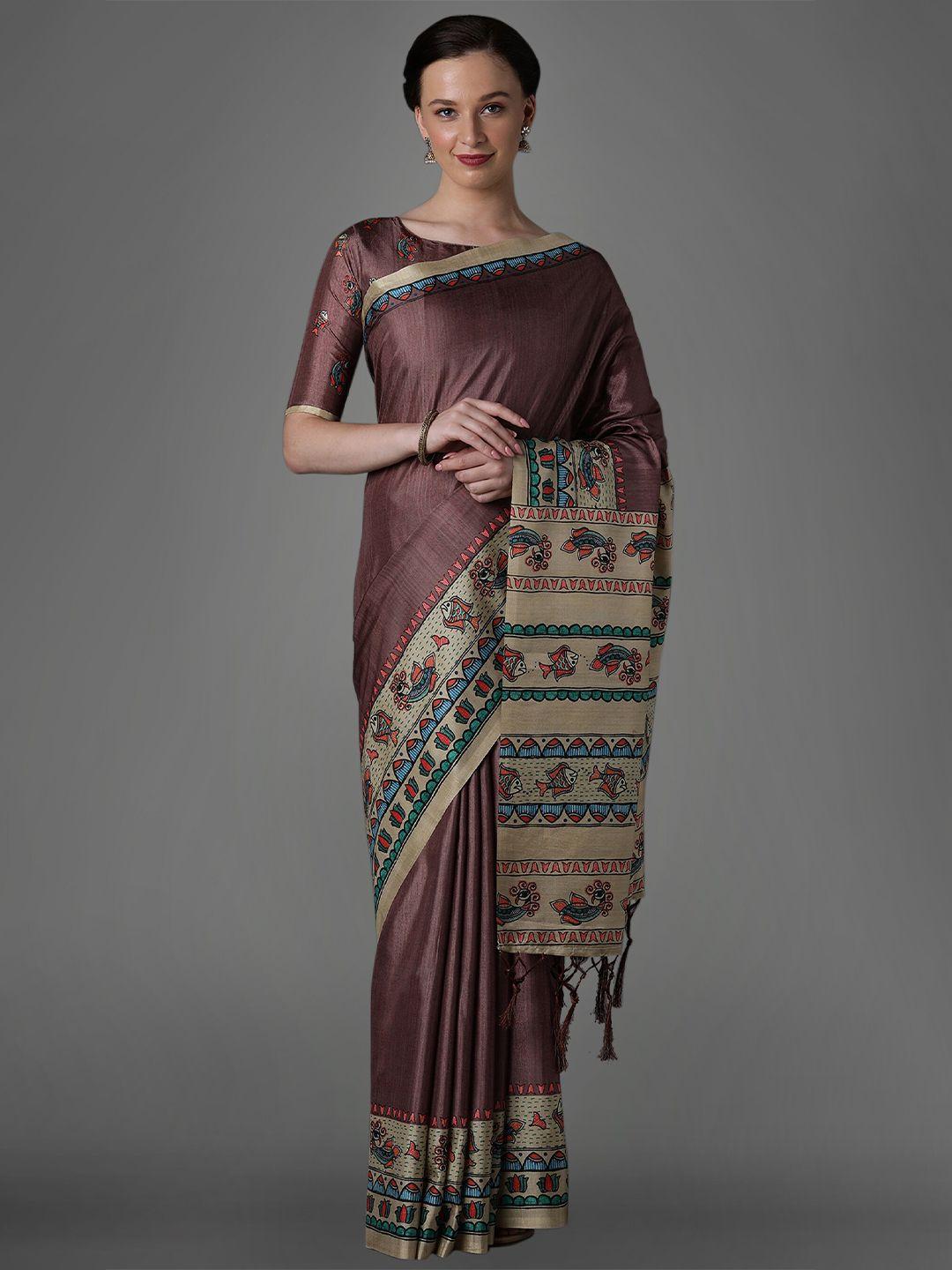 mitera brown & green warli satin saree