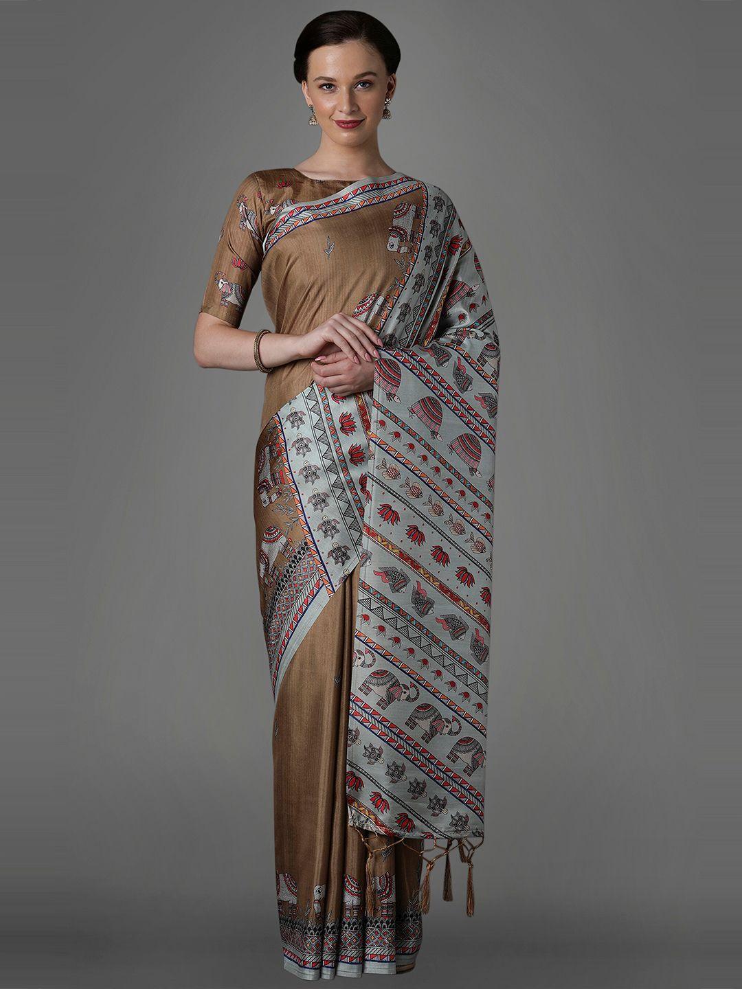 mitera brown & grey warli satin saree