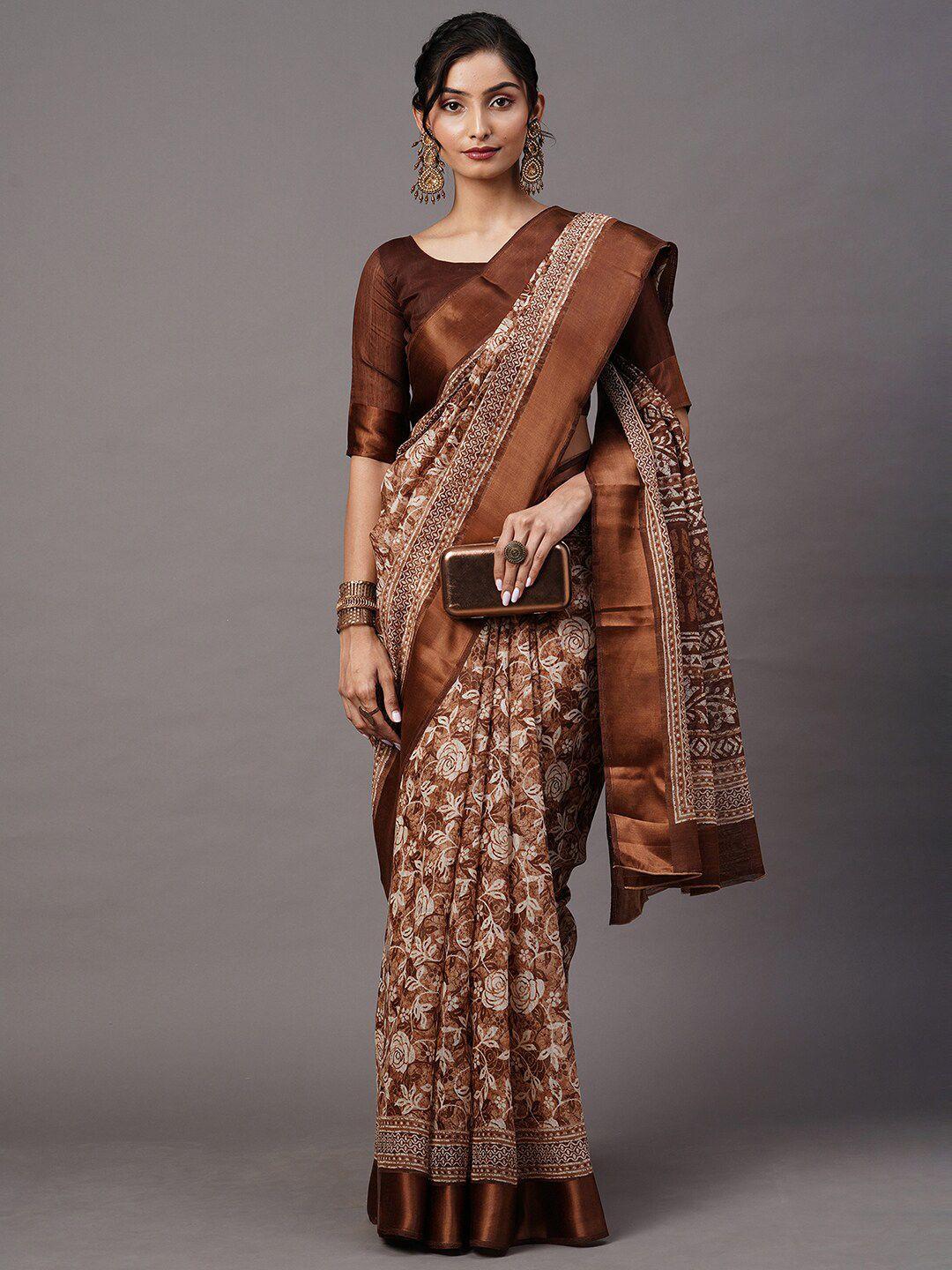 mitera brown & off-white batik printed ikat saree