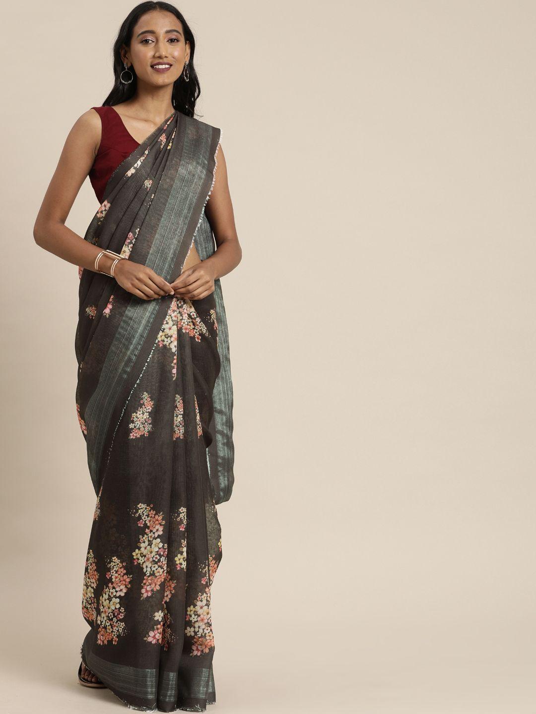 mitera brown & peach-coloured linen blend printed saree