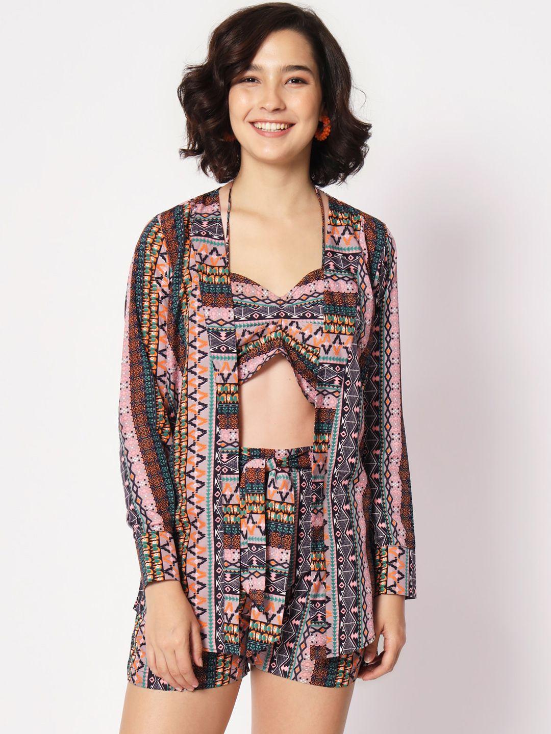 mitera brown & pink ethnic motifs printed crop top with shorts & shrug