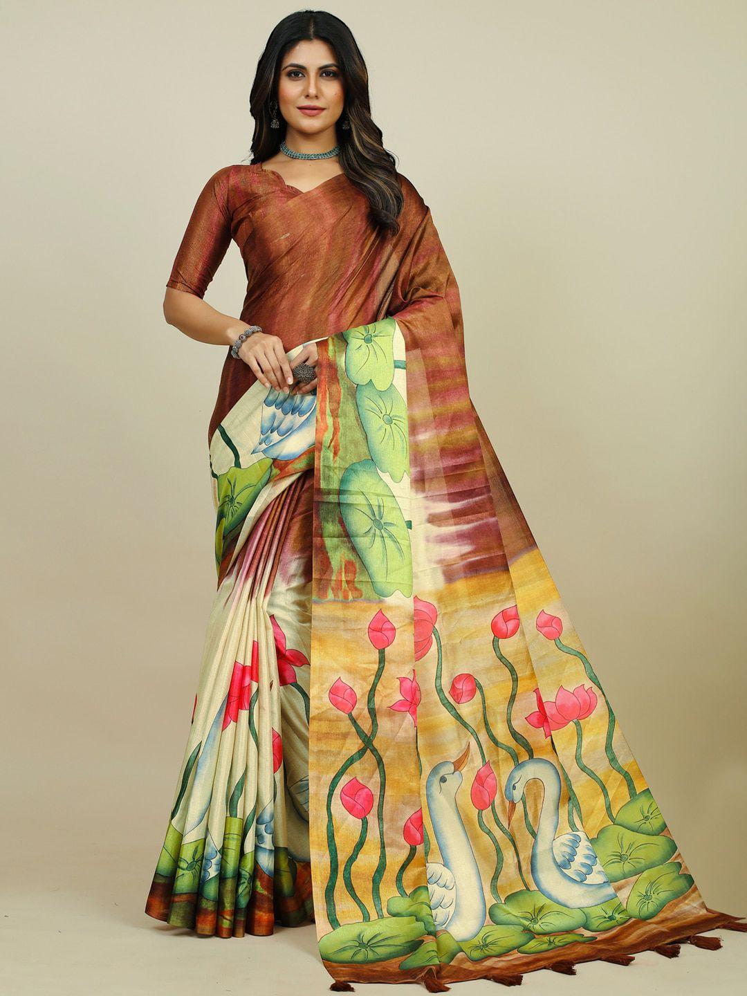 mitera brown & pink floral printed dabu saree