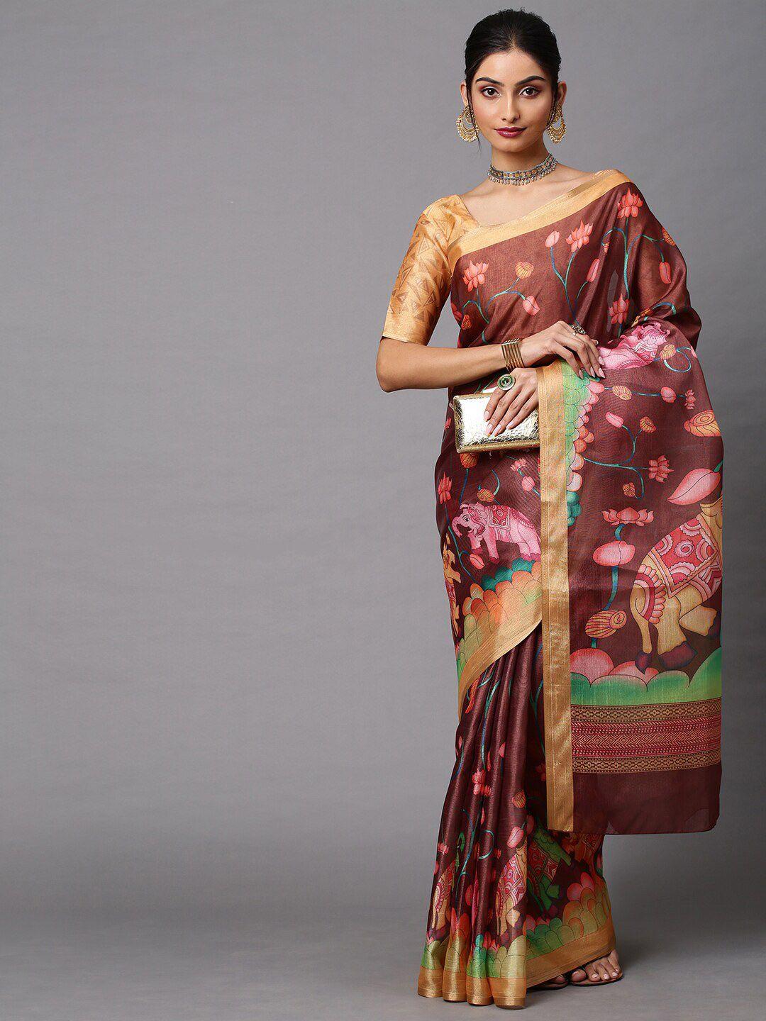 mitera brown & pink floral zari cotton linen pochampally saree