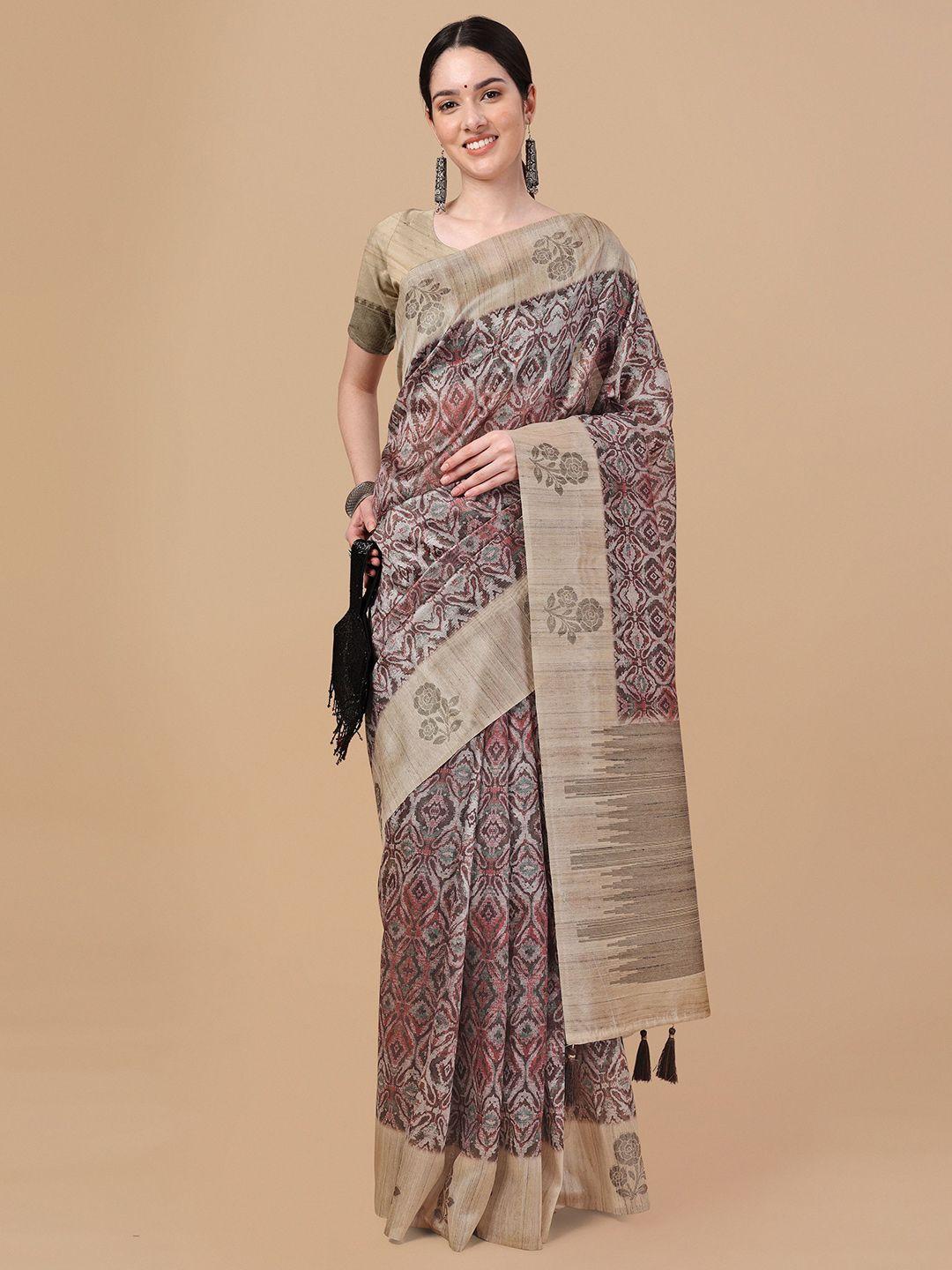 mitera brown & pink zari silk blend saree