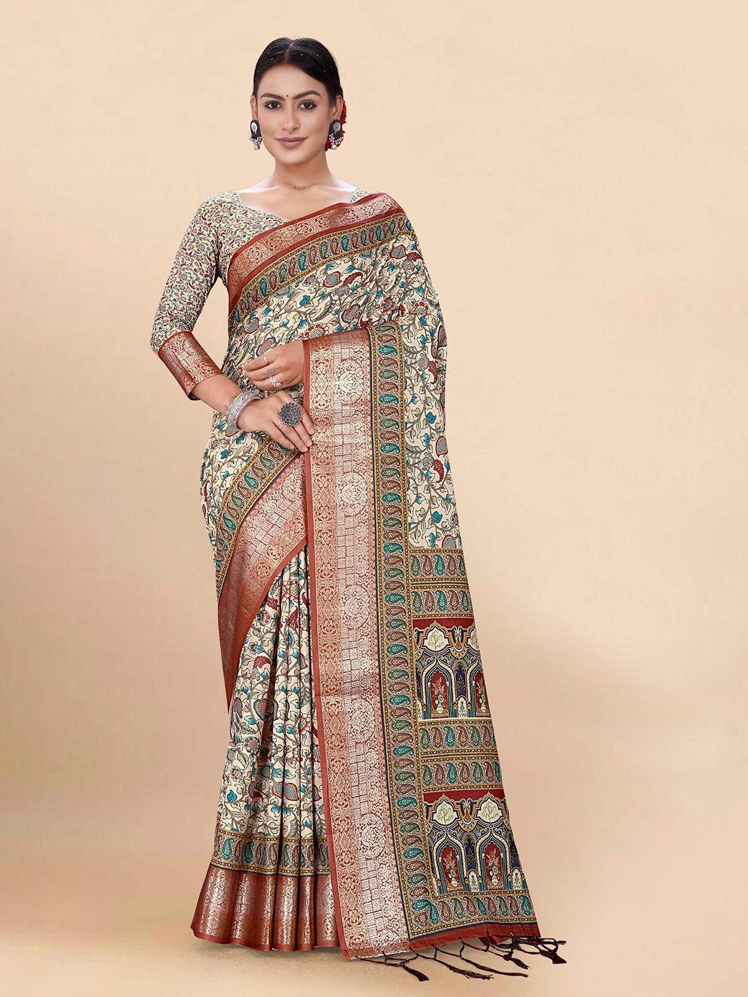 mitera brown & red floral prinetd zari pure cotton saree