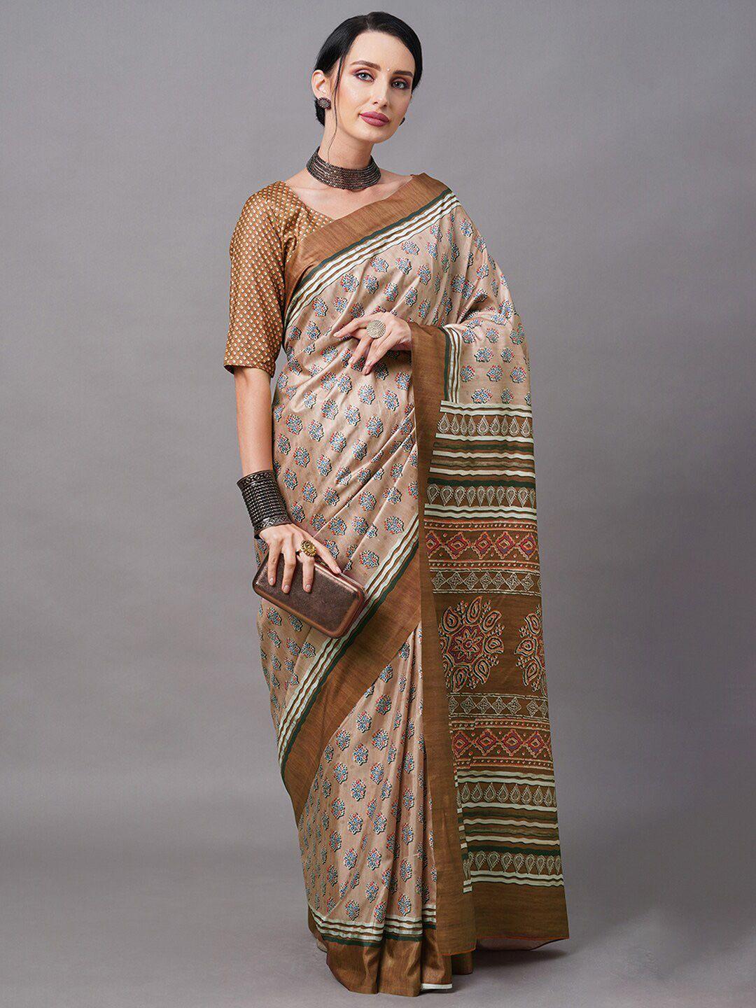 mitera brown & white bagh silk blend bagh saree