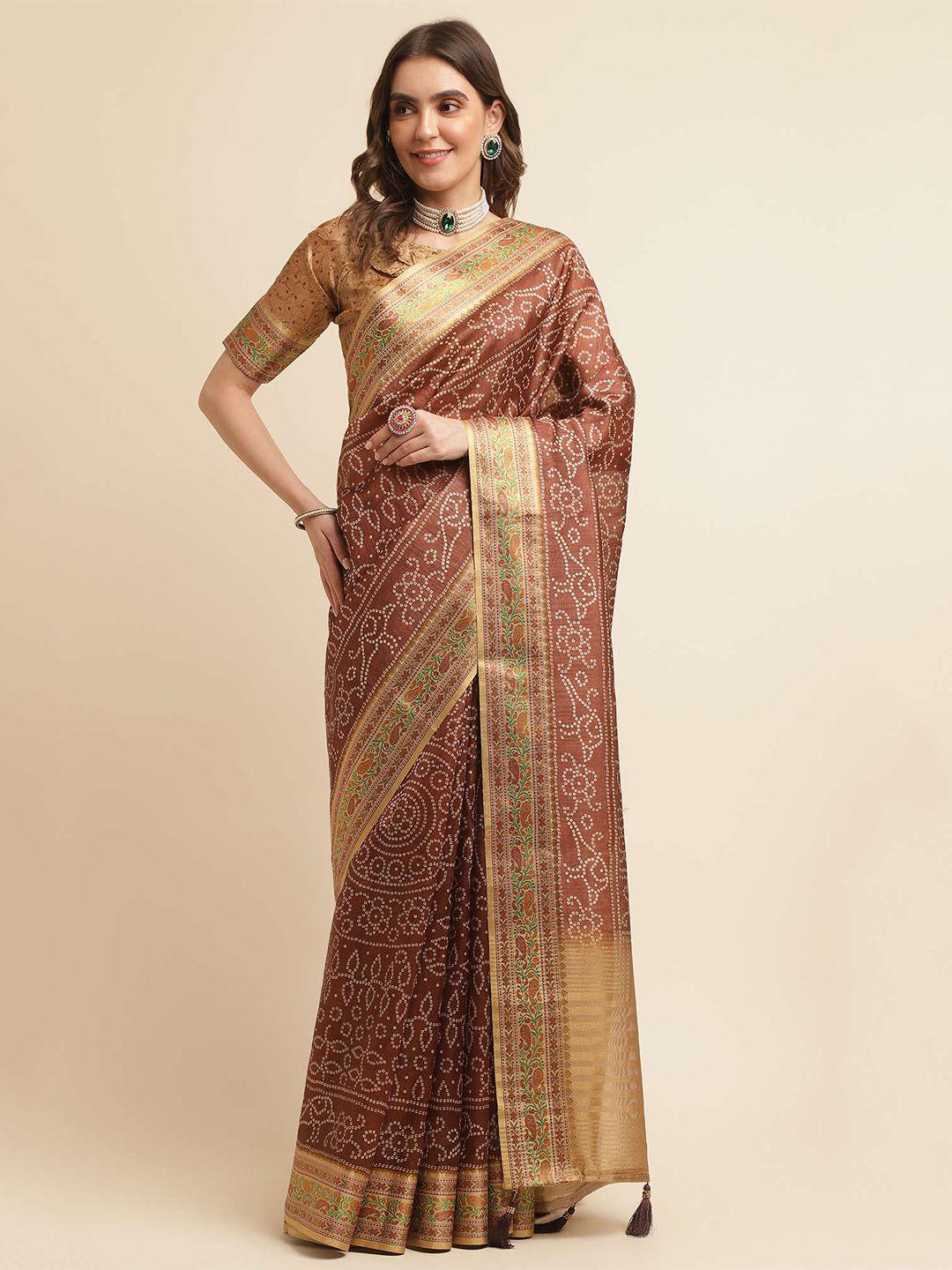 mitera brown & white bandhani zari pure silk bandhani saree