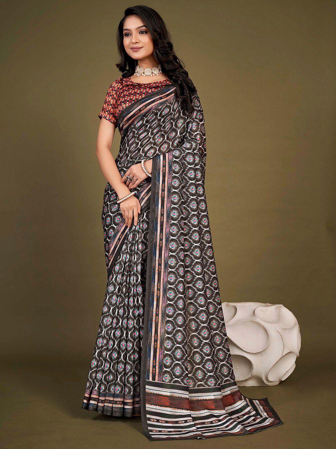 mitera brown & white ethnic motifs printed pure silk bagh saree