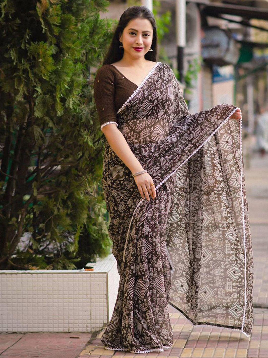 mitera brown & white ethnic motifs printed saree