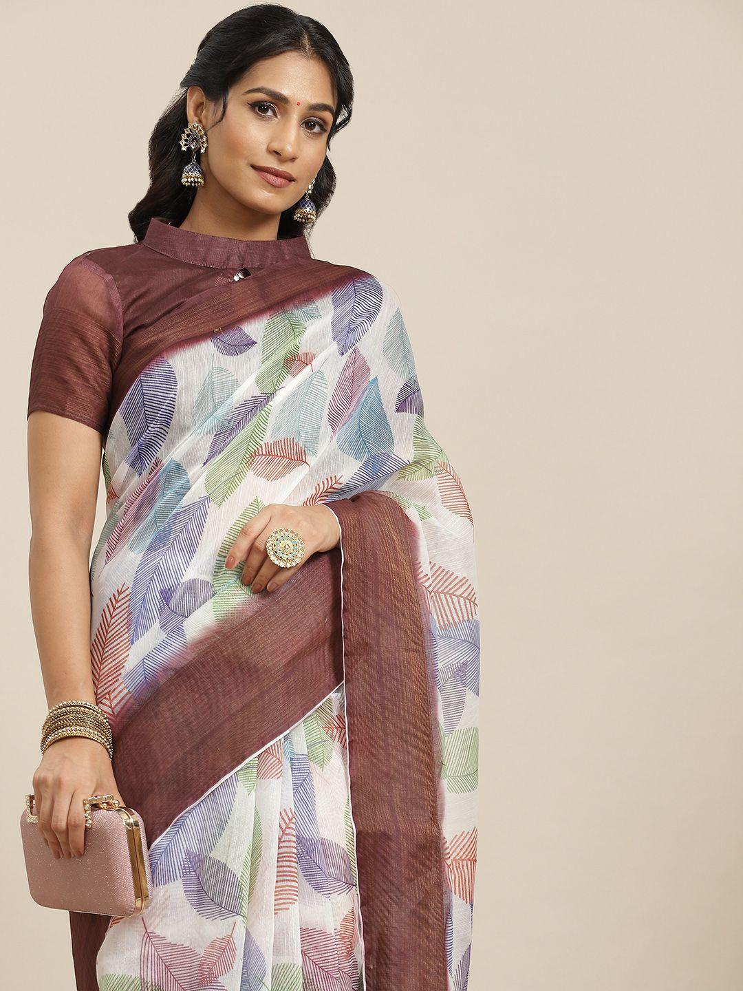 mitera brown & white floral linen blend block print saree