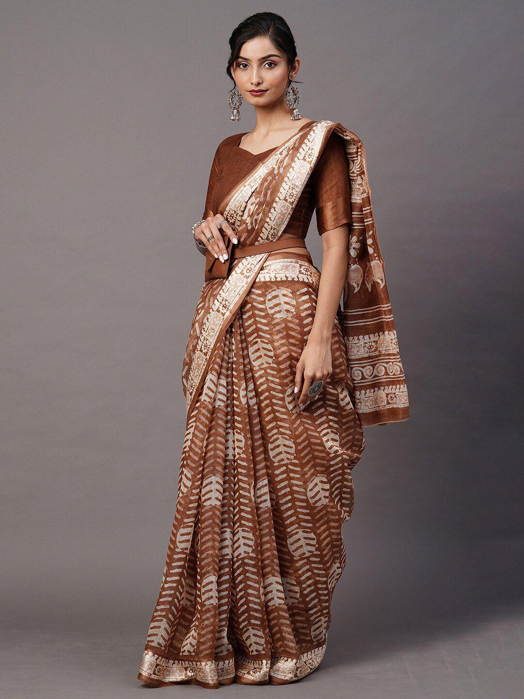 mitera brown & white printed cotton blend ikat saree