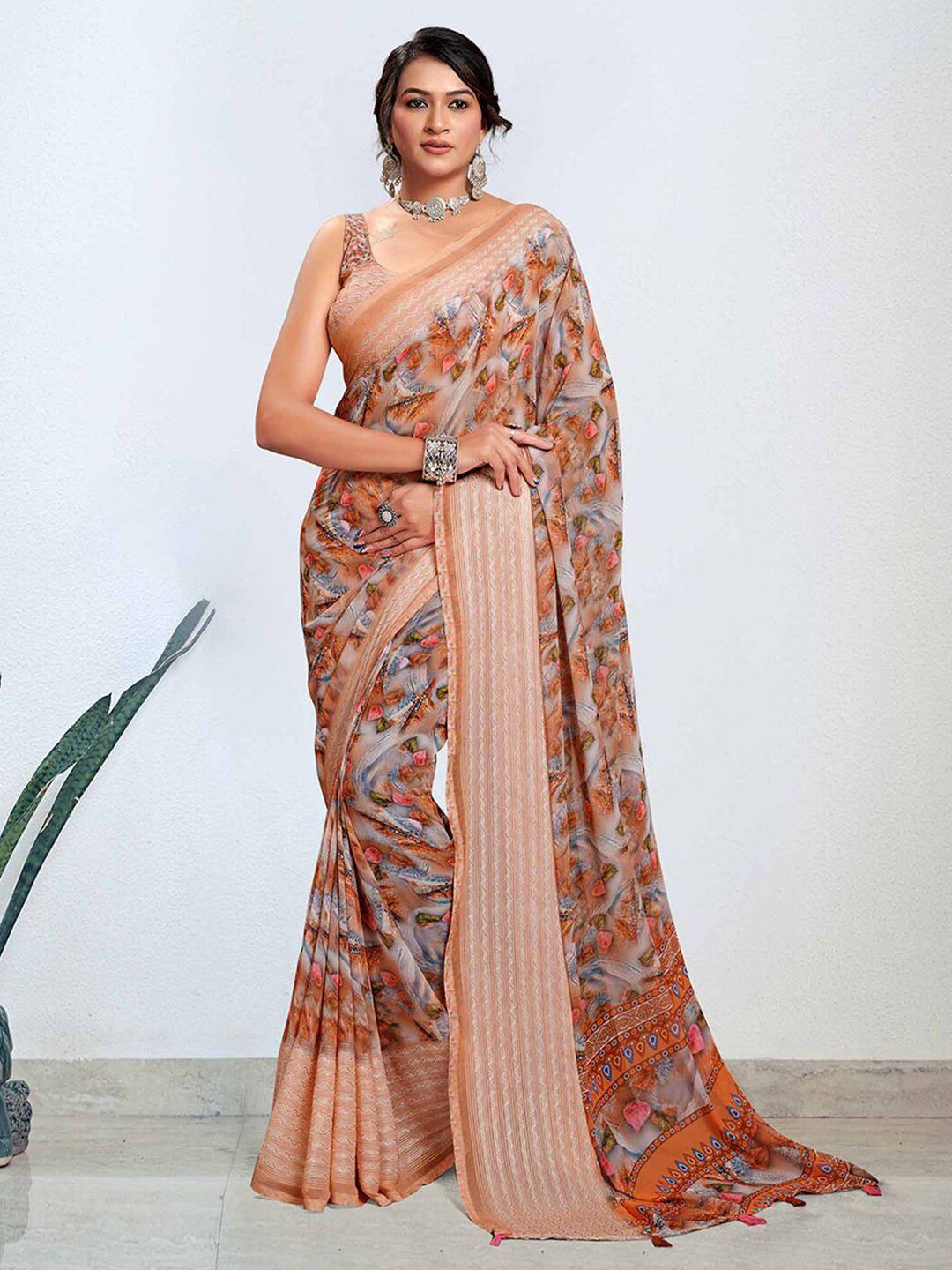 mitera brown embroidered pure georgette designer bagh saree