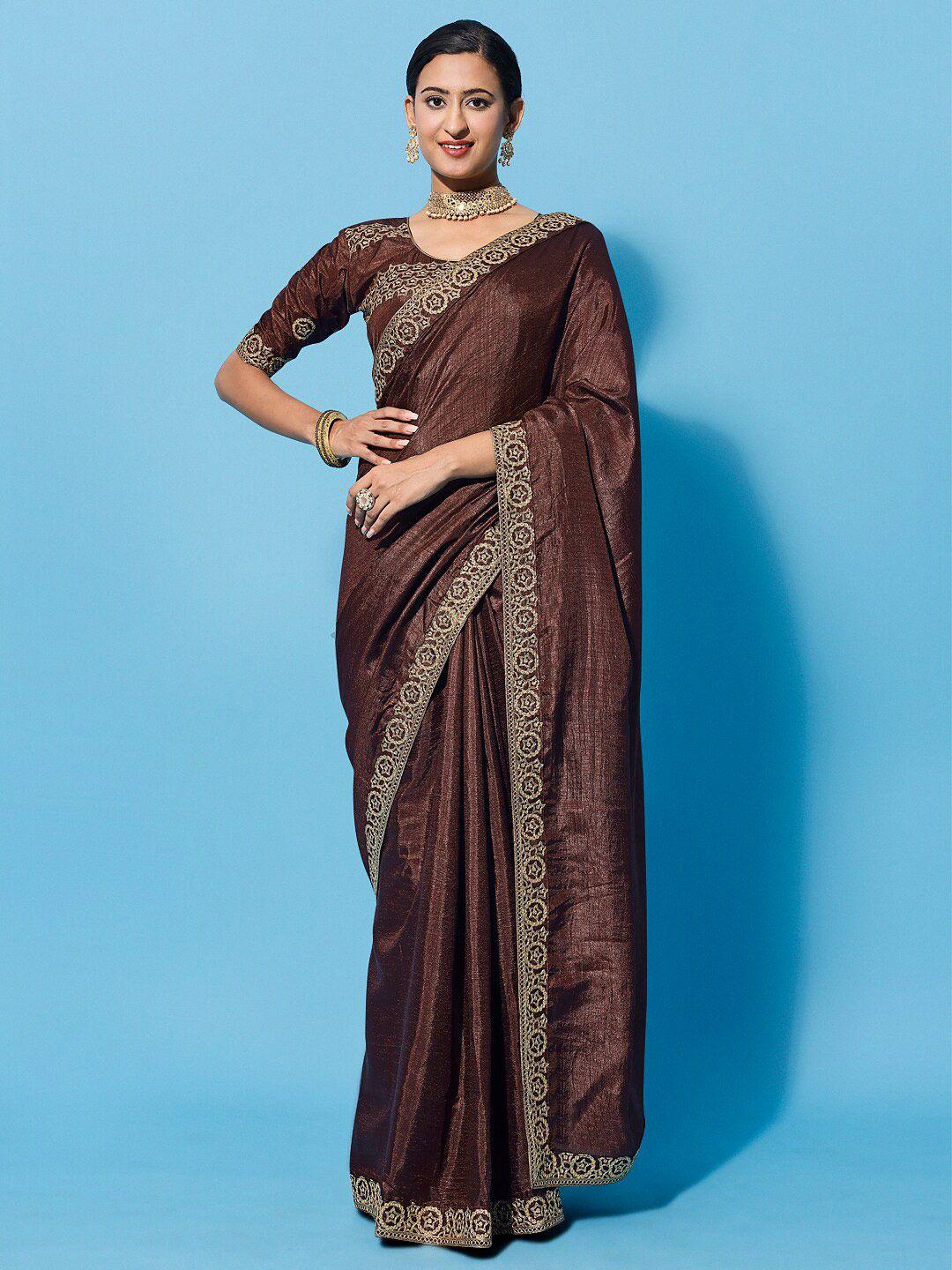 mitera brown embroidered silk cotton saree