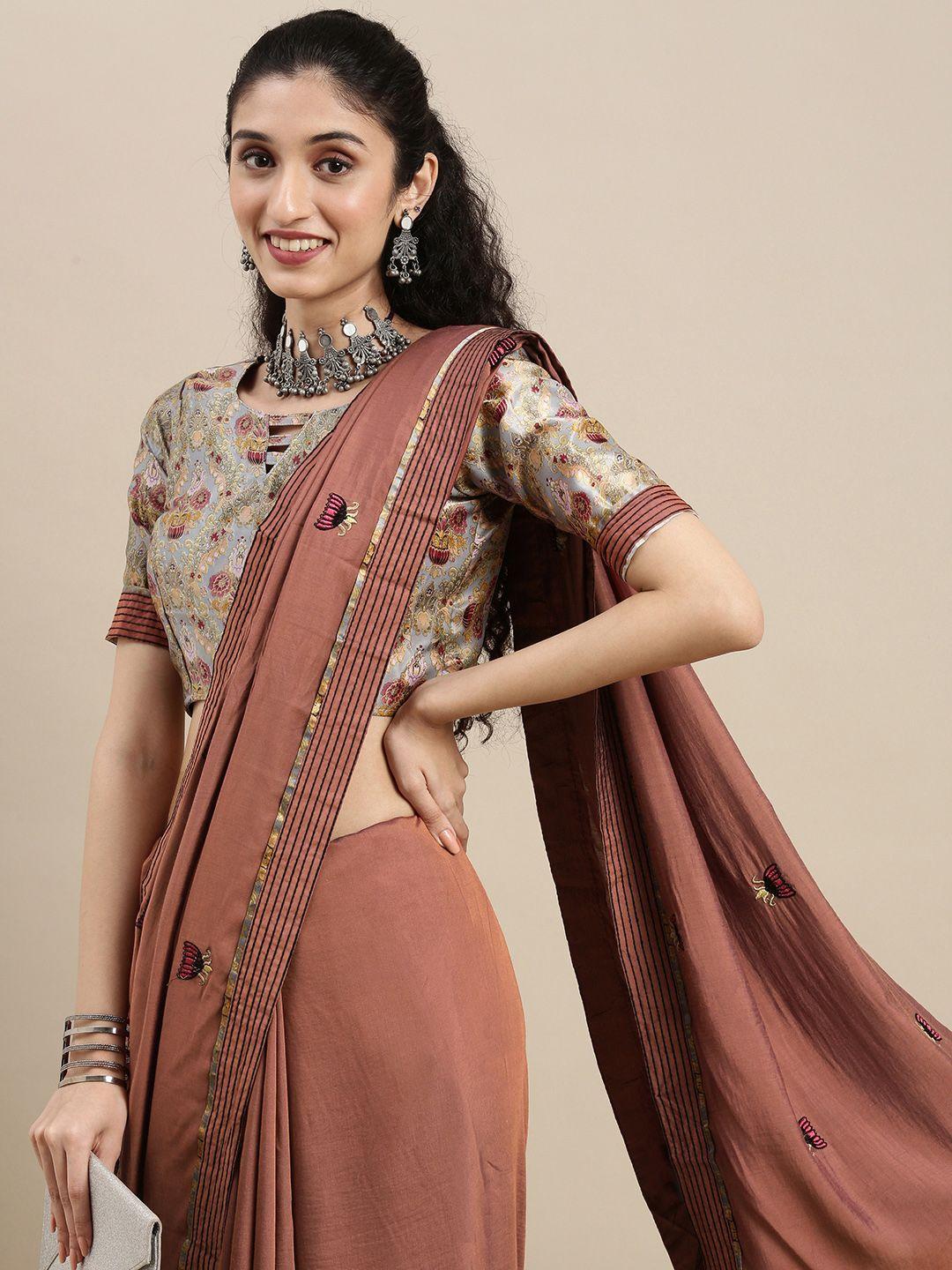 mitera brown ethnic motifs silk blend saree