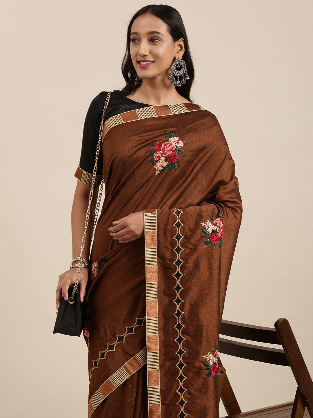 mitera brown floral embroidered silk blend saree