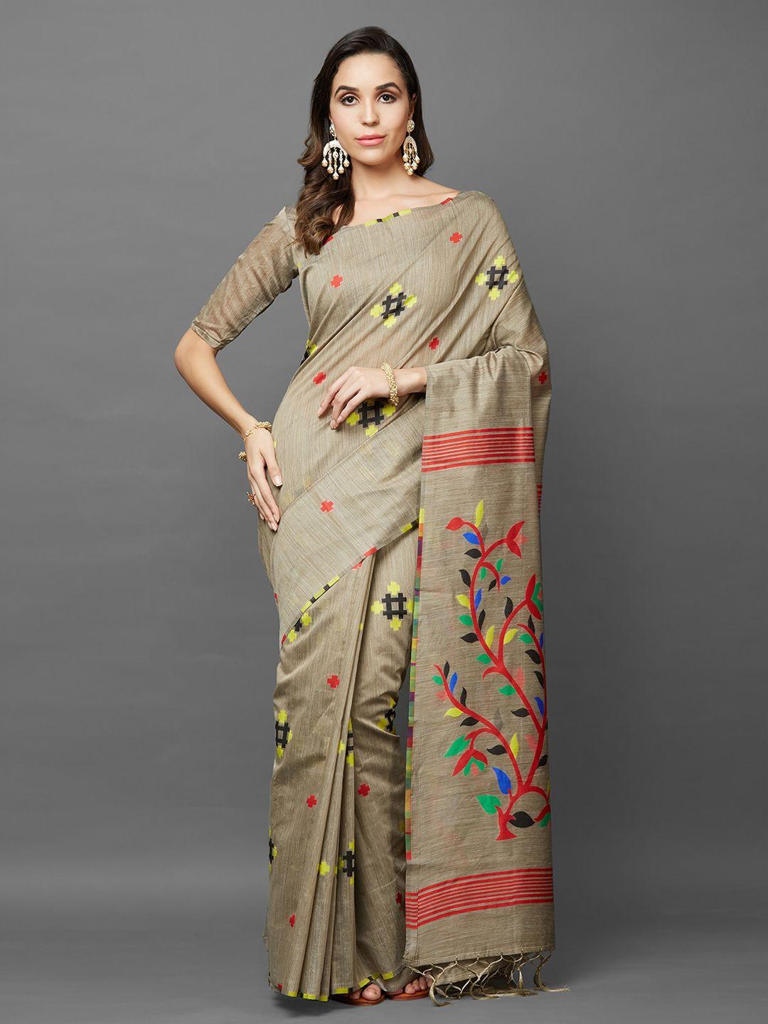 mitera brown floral silk cotton banarasi saree