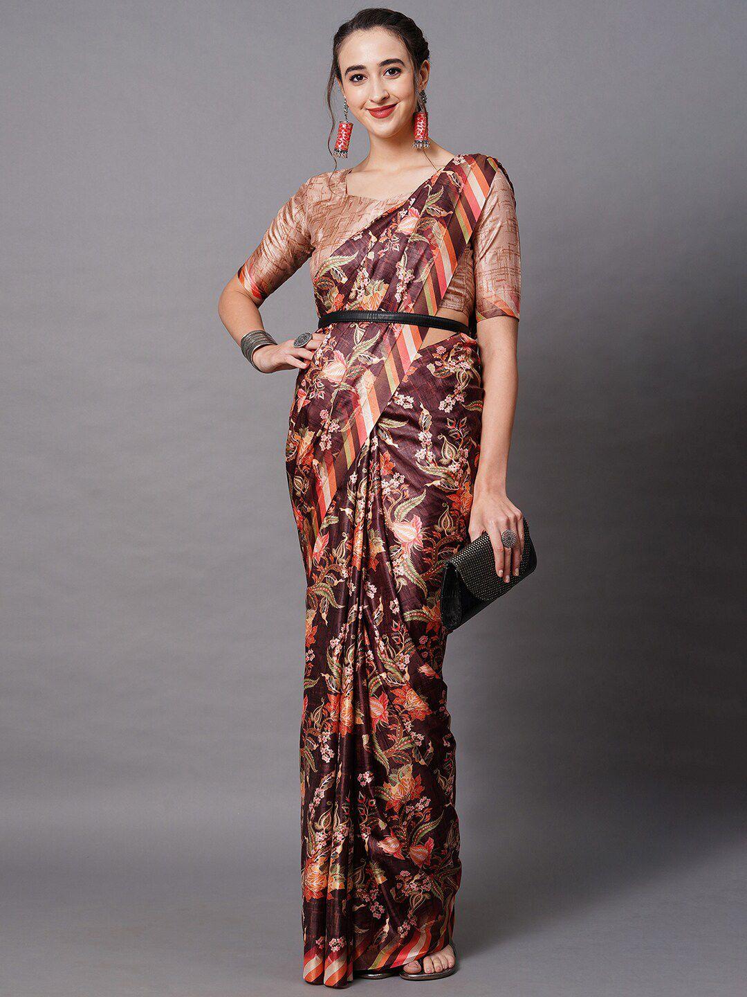 mitera brown silk blend floral printed saree