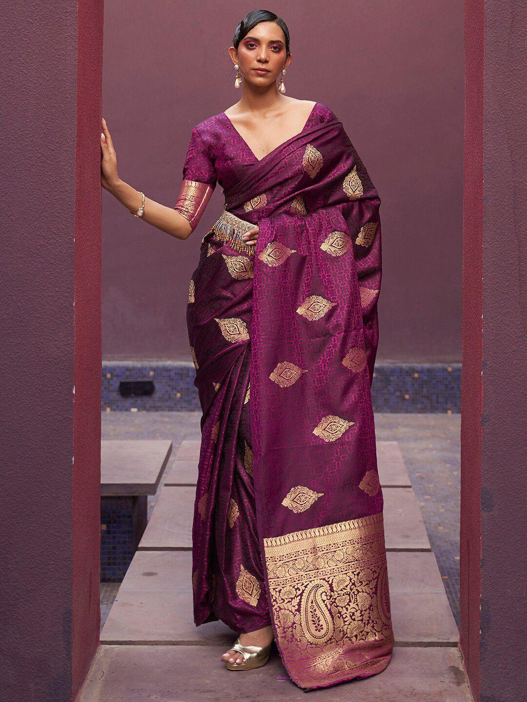 mitera burgundy & gold-toned bagh pure silk banarasi saree