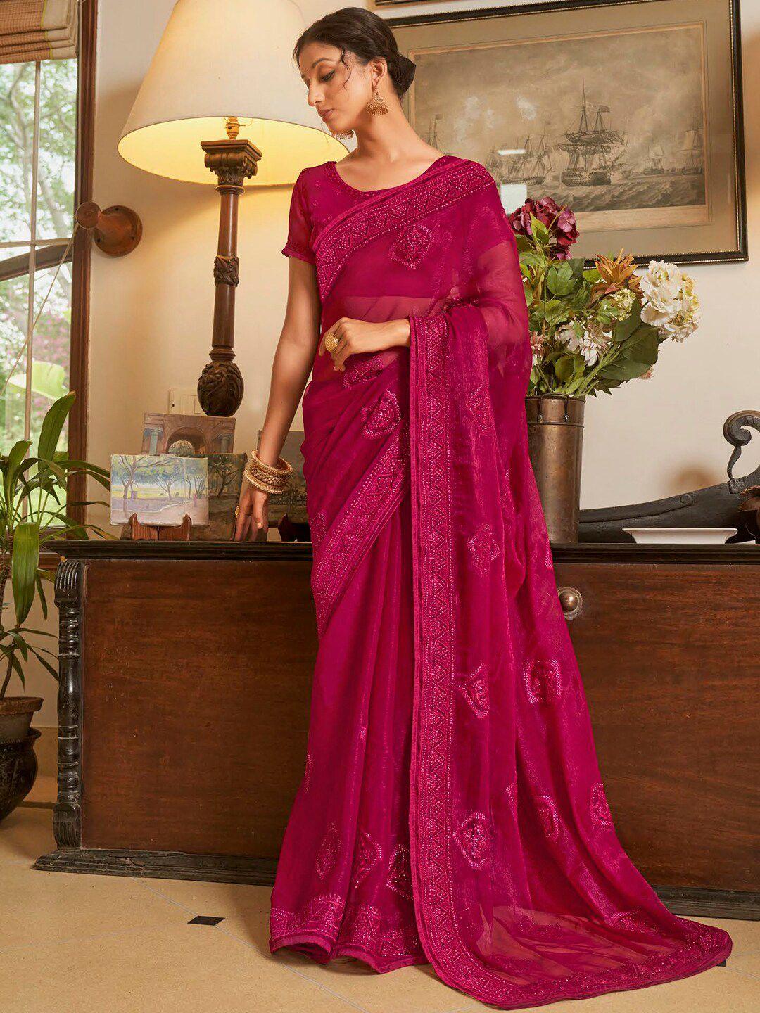 mitera burgundy embellished embroidered pure chiffon designer saree