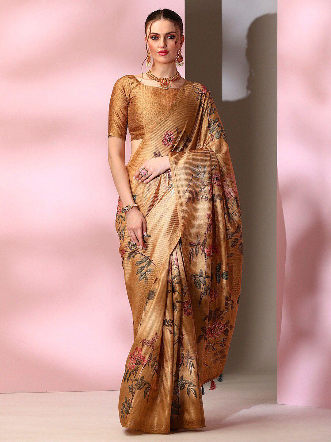 mitera camel brown floral printed saree