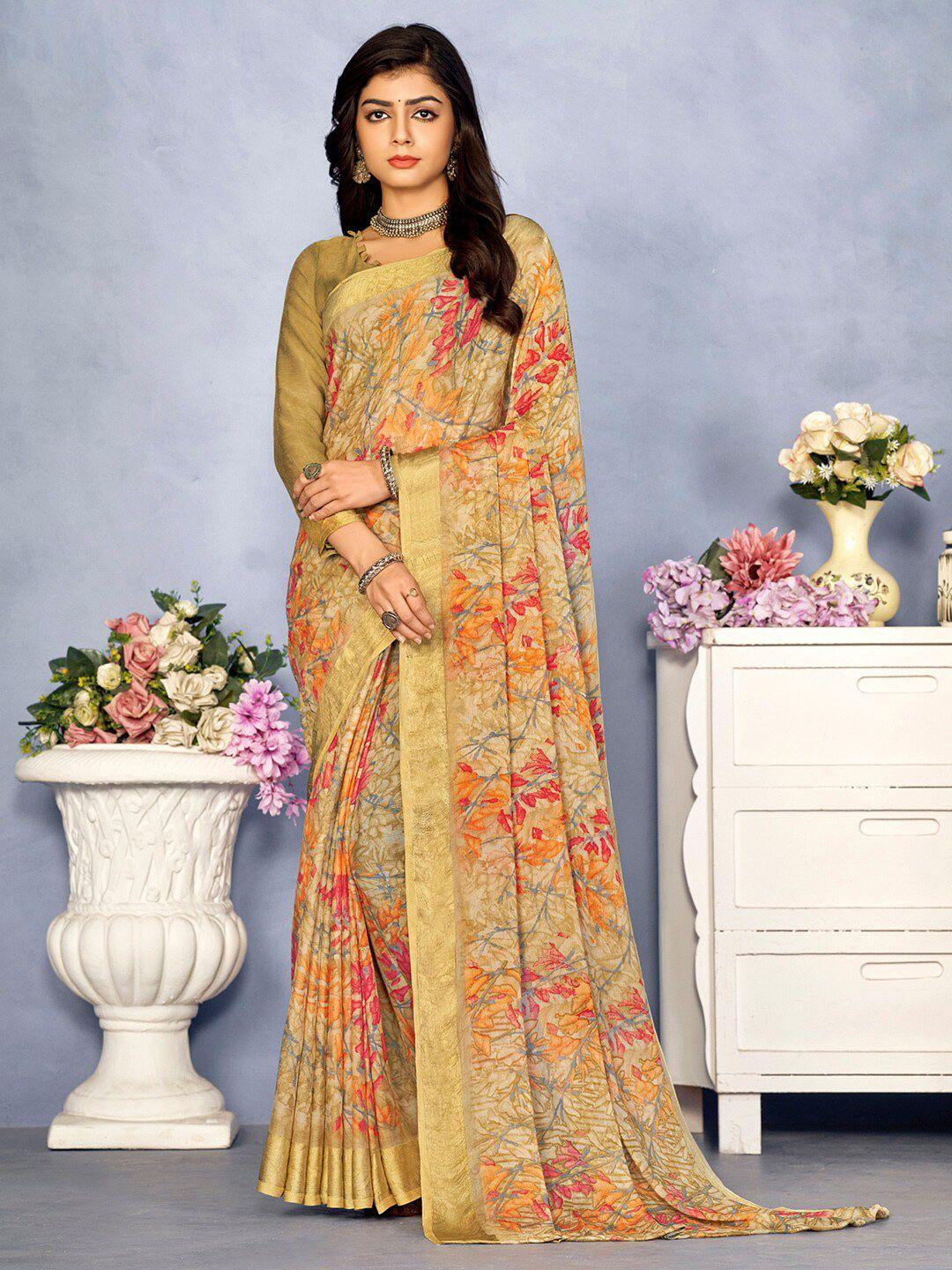 mitera camel brown floral pure chiffon designer bagru saree