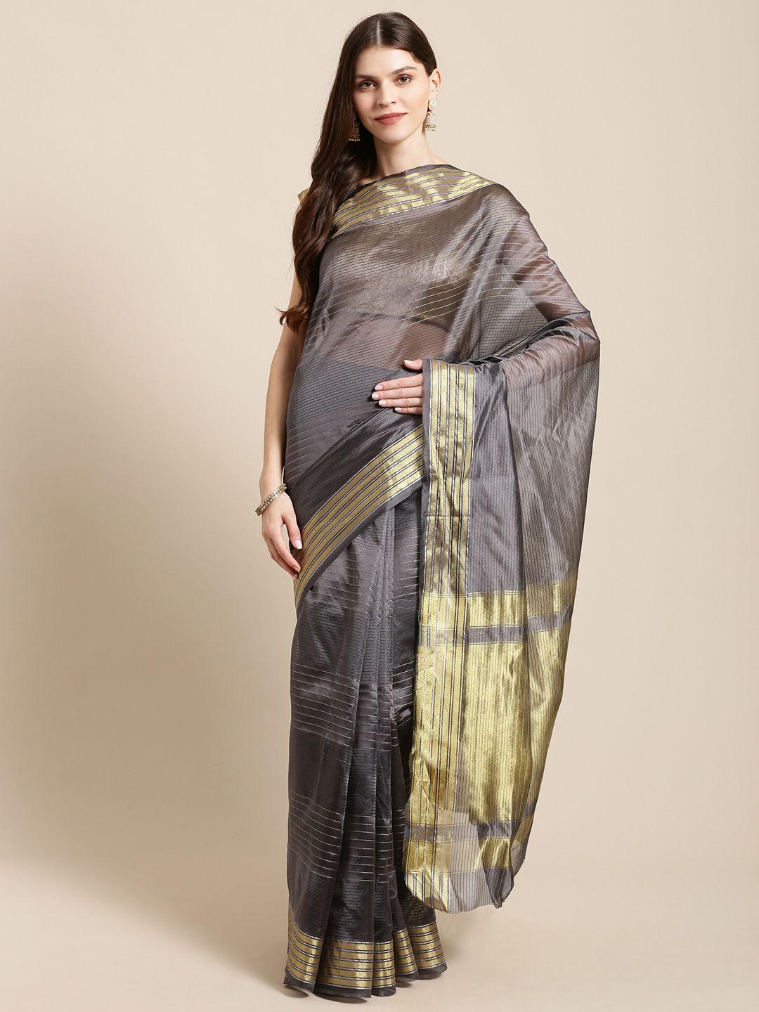 mitera charcoal grey & golden zari striped saree